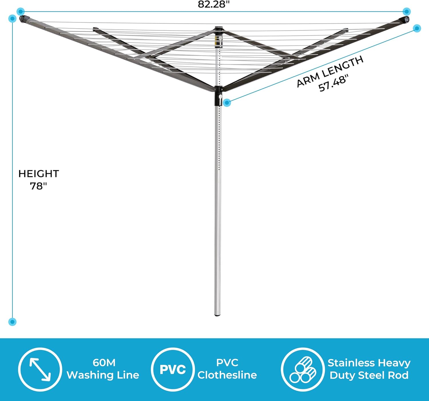 JS Hanger Clothesline Outdoor Rotary Dryer, 4 Arms Foldable Heavy Duty Height Adjustable Clothes Drying Rack, 196FT Drying Space, Hang Wet or Dry Laundry