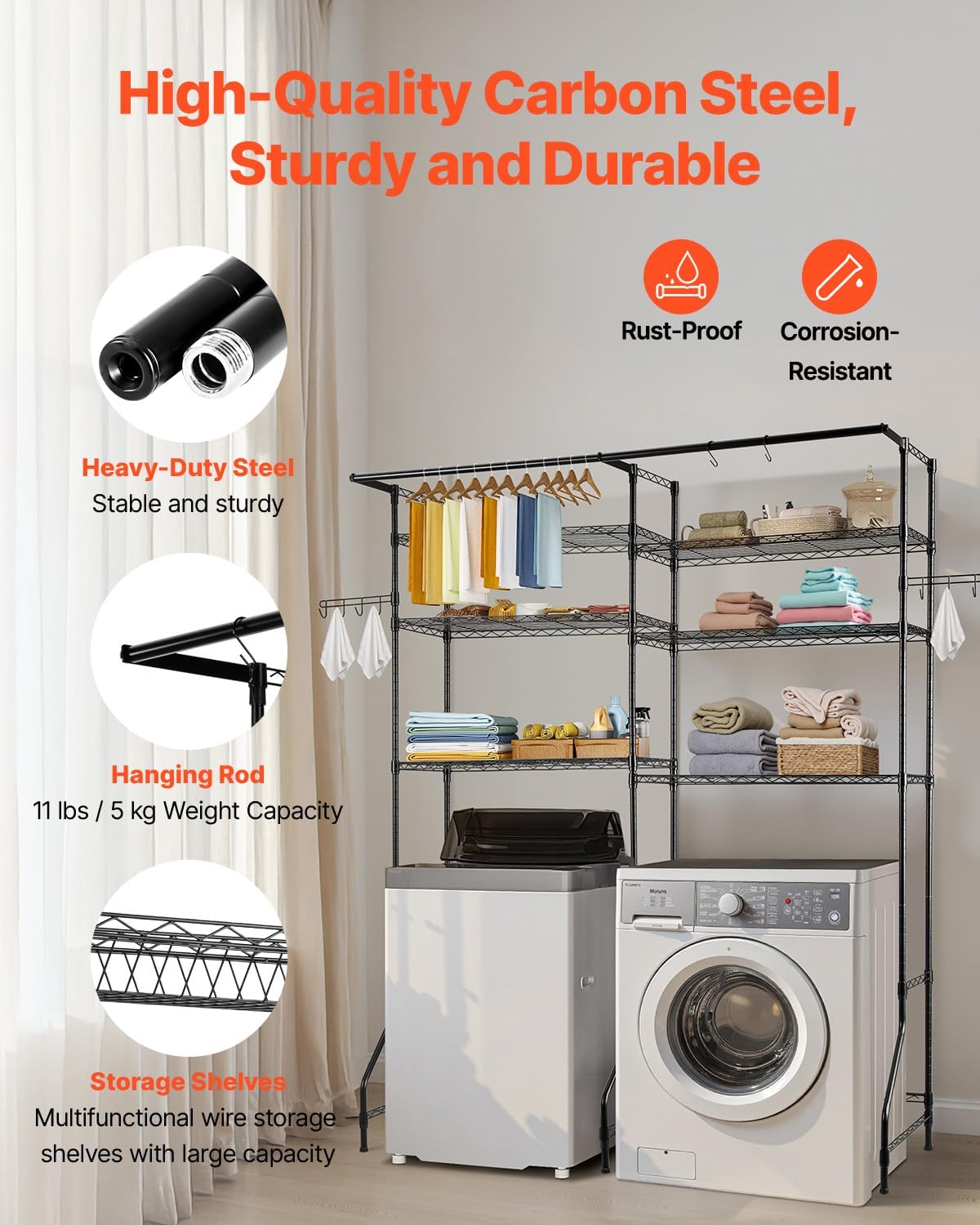 VEVOR Over The Washer and Dryer Storage Shelf, 6 Tier Laundry Room Drying Rack with Hanger Rod and Hooks, Adjustable Over Washer and Dryer Shelves, Laundry Room Shelf Storage Space Saver, Black