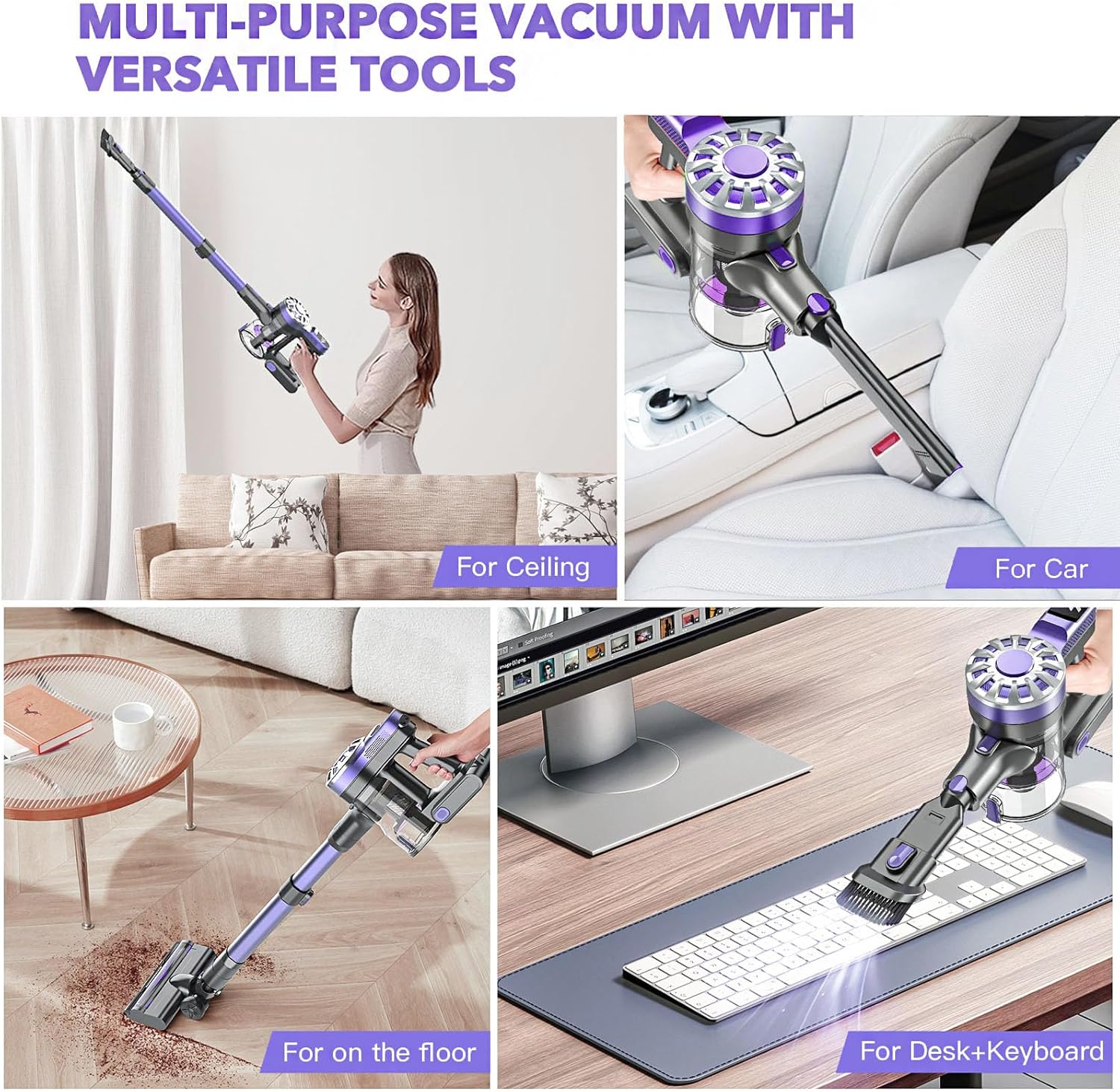 Cordless Vacuum Cleaner,Vacuum Cleaners for Home with Super Suction,Lightweight Stick Vacuum with 35 Mins Runtime,Rechargeable Cordless Vacuum for Pet Hair, Hardwood Floors(Black Purple)