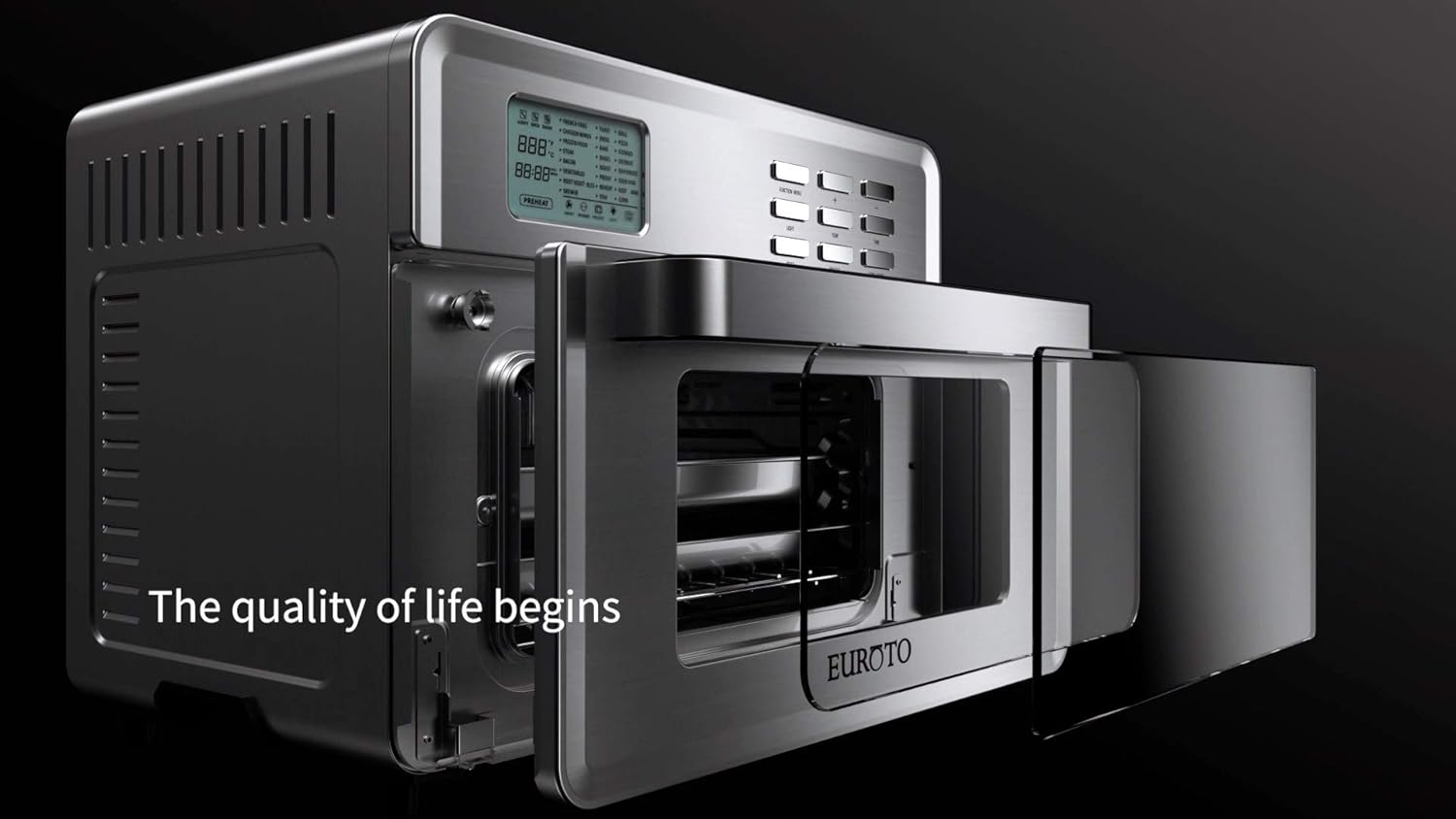 EUROTO Stainless Steel Large Capacity 26.8 QT Air Fryer Oven, 24 in 1 Multi-function, 360 Air Circulation Toaster Oven, LCD digital Display, 4 Layer Shelves, Included Oven Gloves & Apron Up to 450°F