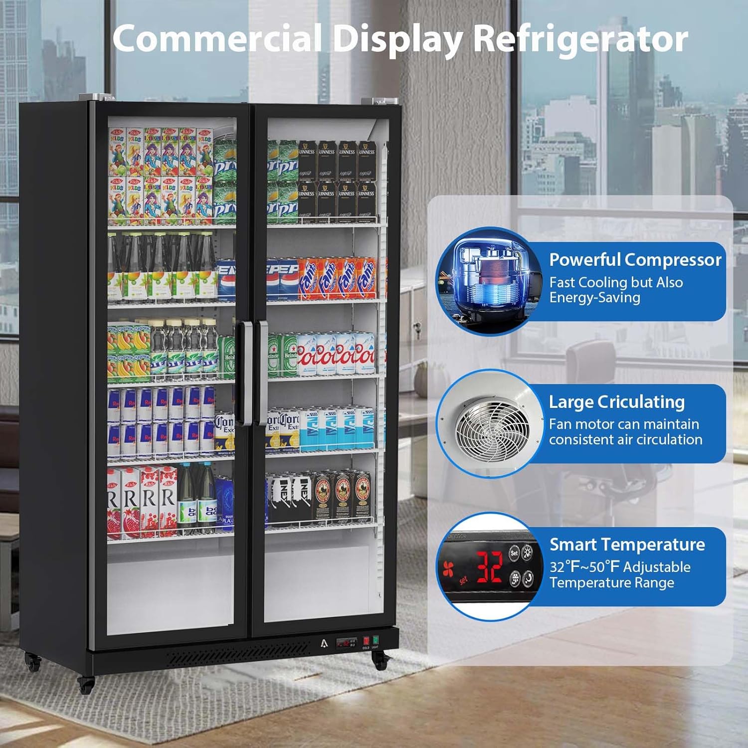 39 Cu.Ft Beverage Refrigerator - Commercial Beverage Cooler Merchandiser With Lightbox, Upright Commercial Display Fridge