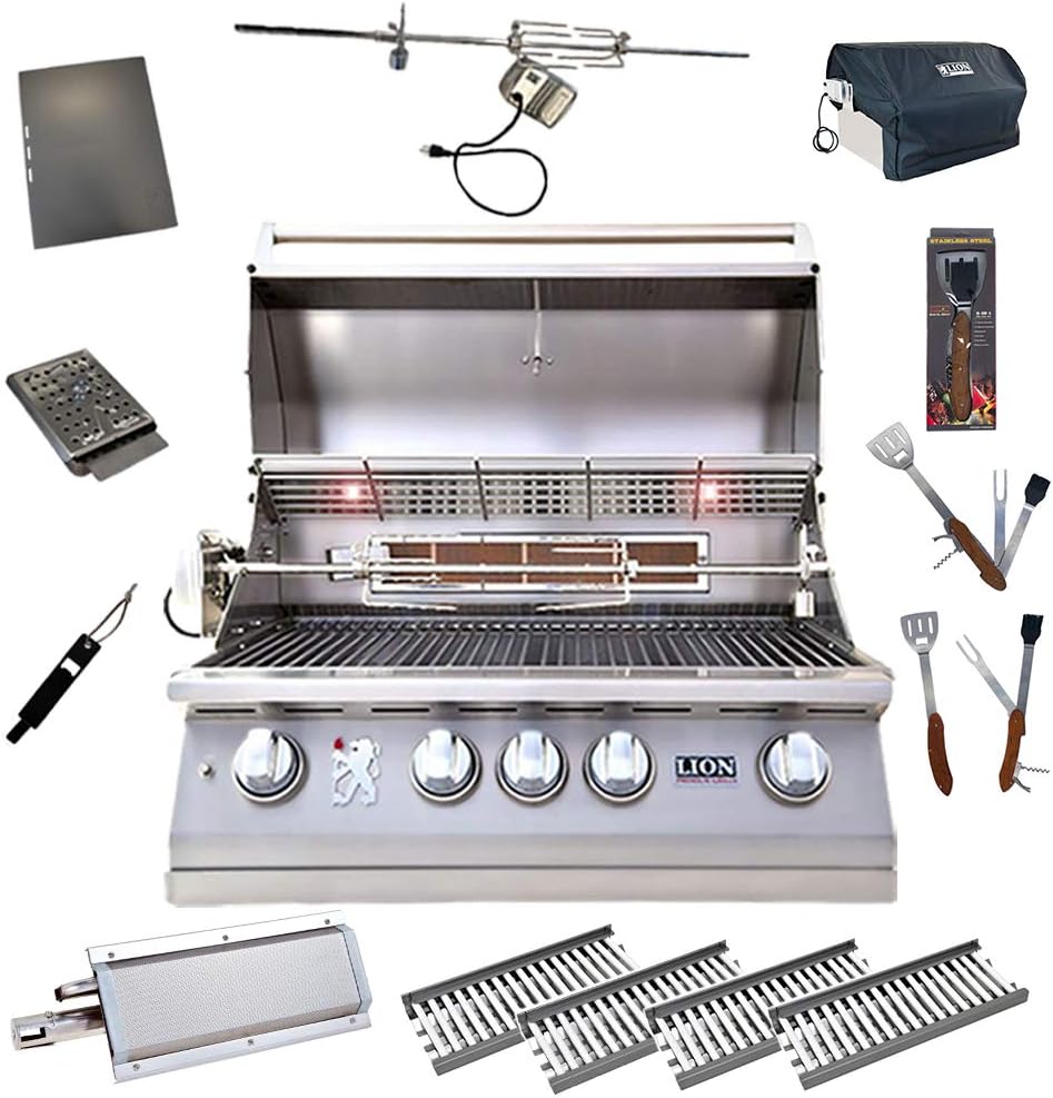 Lion 32-Inch Liquid Propane Grill L75000 with 4 Ceramic Tubes w/Flame Tray and Searing Burner and 5 in 1 BBQ Tool Set Best of Backyard Package Deal
