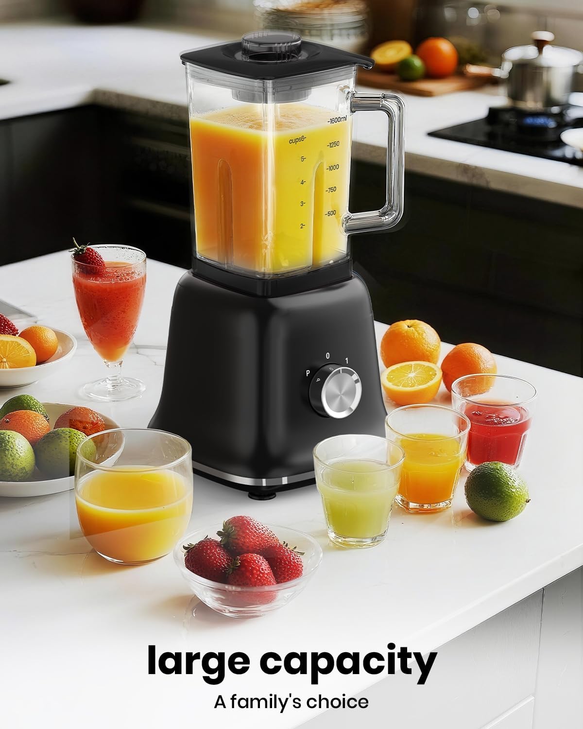 Professional Blender For Smoothies, 58 Oz Glass Jar, Glass Blender Including Puree & Crush Ice Functions, 750 Watts, With Portable Travel Cup B02 (Black)