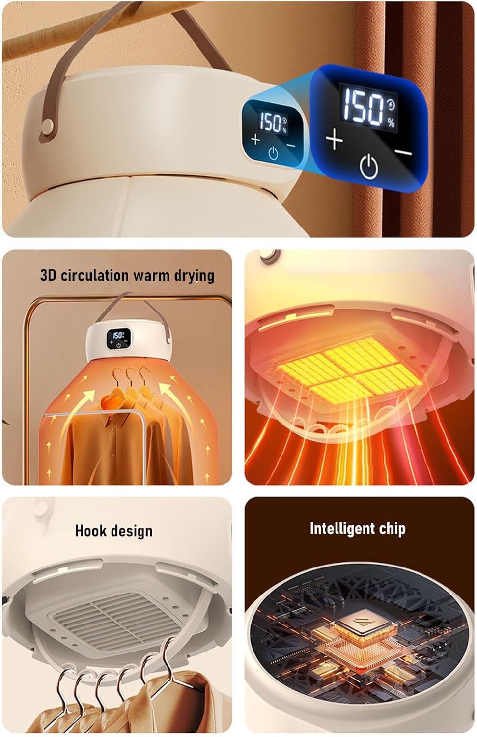 500W Portable Clothes Dryer, Compact Laundry Dryer, Fast Drying with Digital Display, 6 Timer for Travel Home Apartment, Constant Temperature Drying, Foldable Dryer with Drying