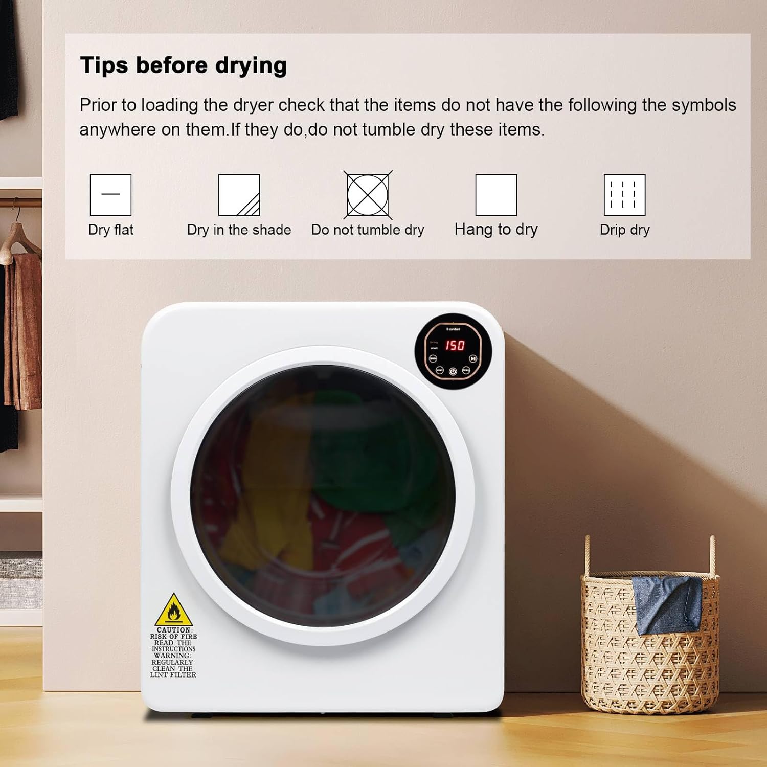 Compact Clothes Dryer, Household Dryer 13.2Ibs Tumble Dryers with Stainless Steel Tub and LED Display, Variety Drying Mode Portable Laundry Dryers for Apartments Home Dorm, Easy to Use (White)