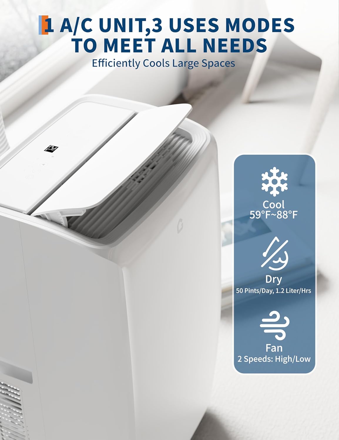 14000Btu Portable Air Conditioner with Cooling/Dehumidify/Fan Mode Cools up to 750 Sq.Ft, 3 in-1 Quiet Portable AC Unit 3 Speed, Auto Swing, 24H Timer for Large Room