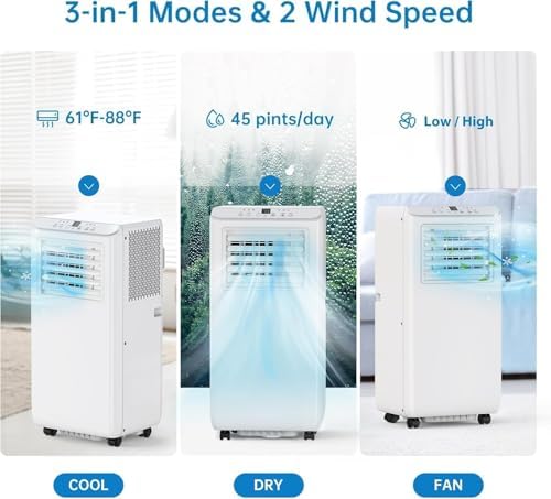Portable Air Conditioner - 8,000 BTU, 3-In-1 Functionality (Cooling, Dehumidifier, Fan), Quiet Operation (
