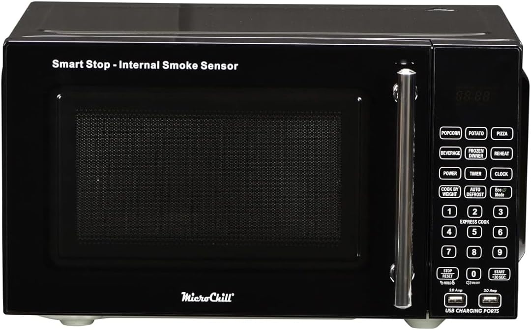 USB Microwave with Smoke Sensor, 2 USB Ports, Door Lock, 6 Cook Settings, Mute Function, Express Cook, +30 Seconds Function, Auto Defrost, Timer, Eco Mode, Easy Clean Dark Grey Interior.