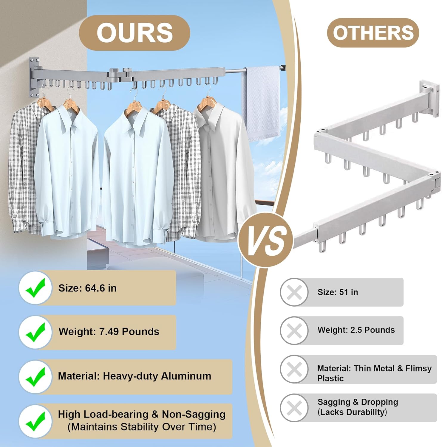 Bakala Clothes Drying Rack, Laundry Drying Rack Foldable, Heavy-Duty Space Saving Hangers, Wall Mounted Clothing Racks for Laundry Room Organization, Folding, Retractable 64