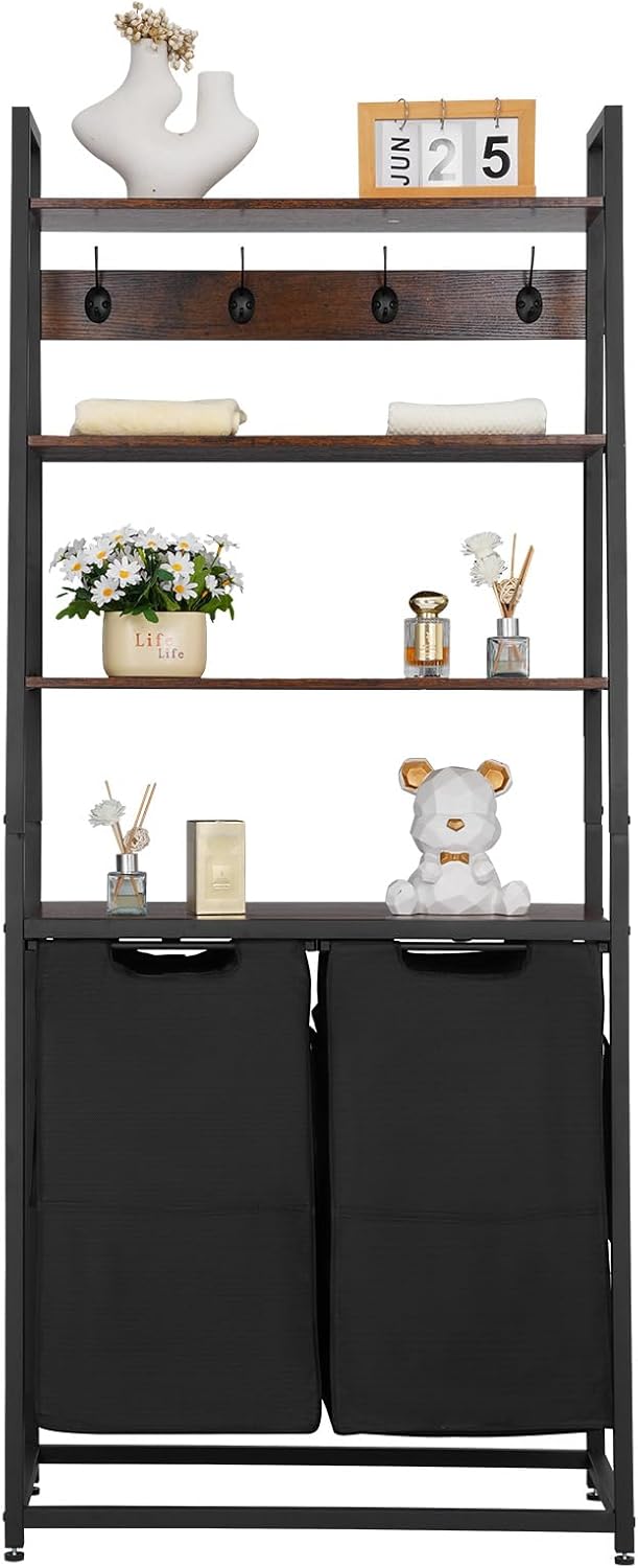 VEVOR 4 Tiers Laundry Sorter, Tall Laundry Hamper with Shelves and Hooks, 2 Section Freestanding Basket Organizer Storage with 600D Oxford Cloth Bags and Ladder Shelves for Dirty Clothes, Bathroom