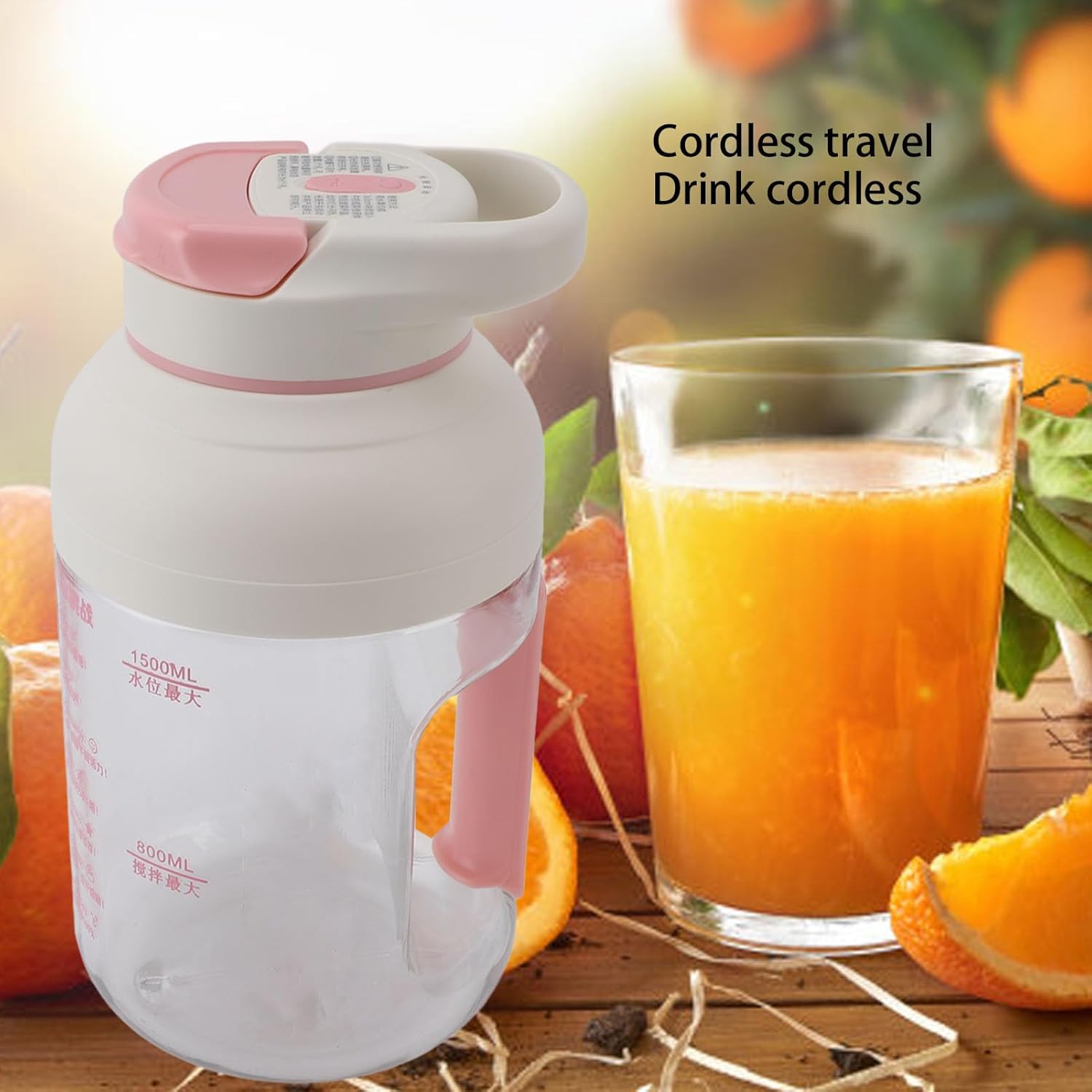 Portable Blender, Portable Juicer Blender Mini Blender with Ergonomic Handle Design 1.5L Cordless Large Capacity for Outdoor Picnic (Roseate)