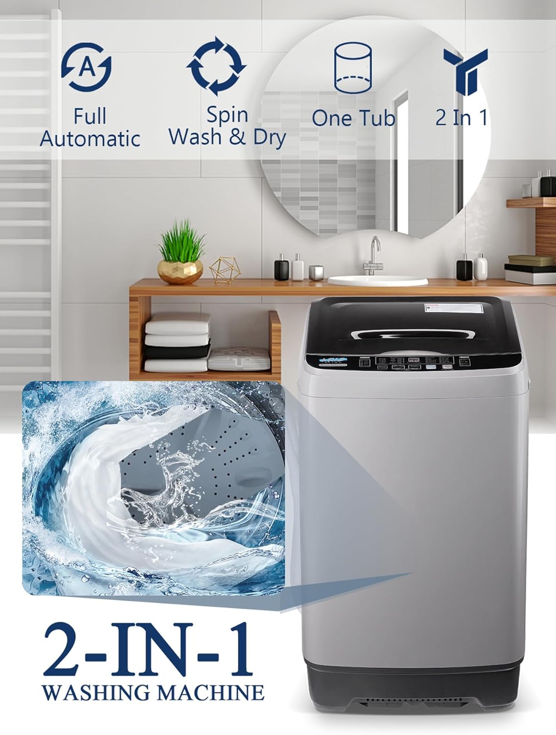 Full Automatic Washing Machine with LED Display, 17.7 lbs Portable Washer Drain Pump, 10 Programs & 8 Water Levels Selections, Ideal for RV, Kitchen Camping, Apartment, Dorm, Dark Grey