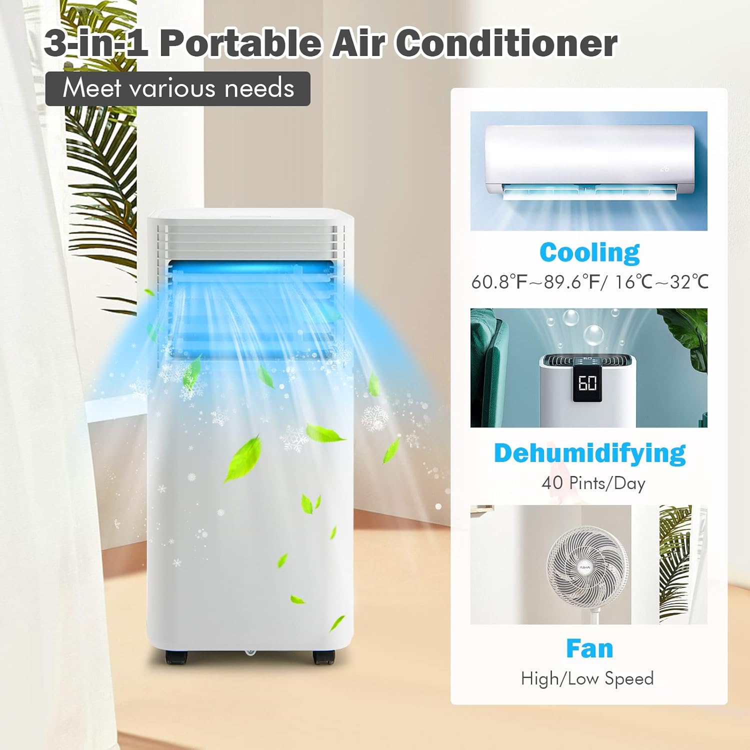 PETSITE Portable Air Conditioner, 8000 BTU AC Cooling Unit for Room, 3 in 1 AC Unit with Air Cooler & Fan & Dehumidifier Mode, Cools Up to 230 sq.ft