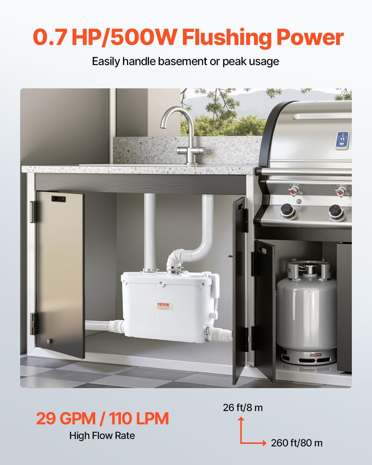 VEVOR 500W Utility Sink Pump, 29 GPM Flow, 26 ft/8 m Head, Macerator Sewerage Sump Pump with 3 Water Inlets for Basement, Kitchen, Sink, Shower, Bathtub, Laundry Waste Water Disposal Upflush Machine