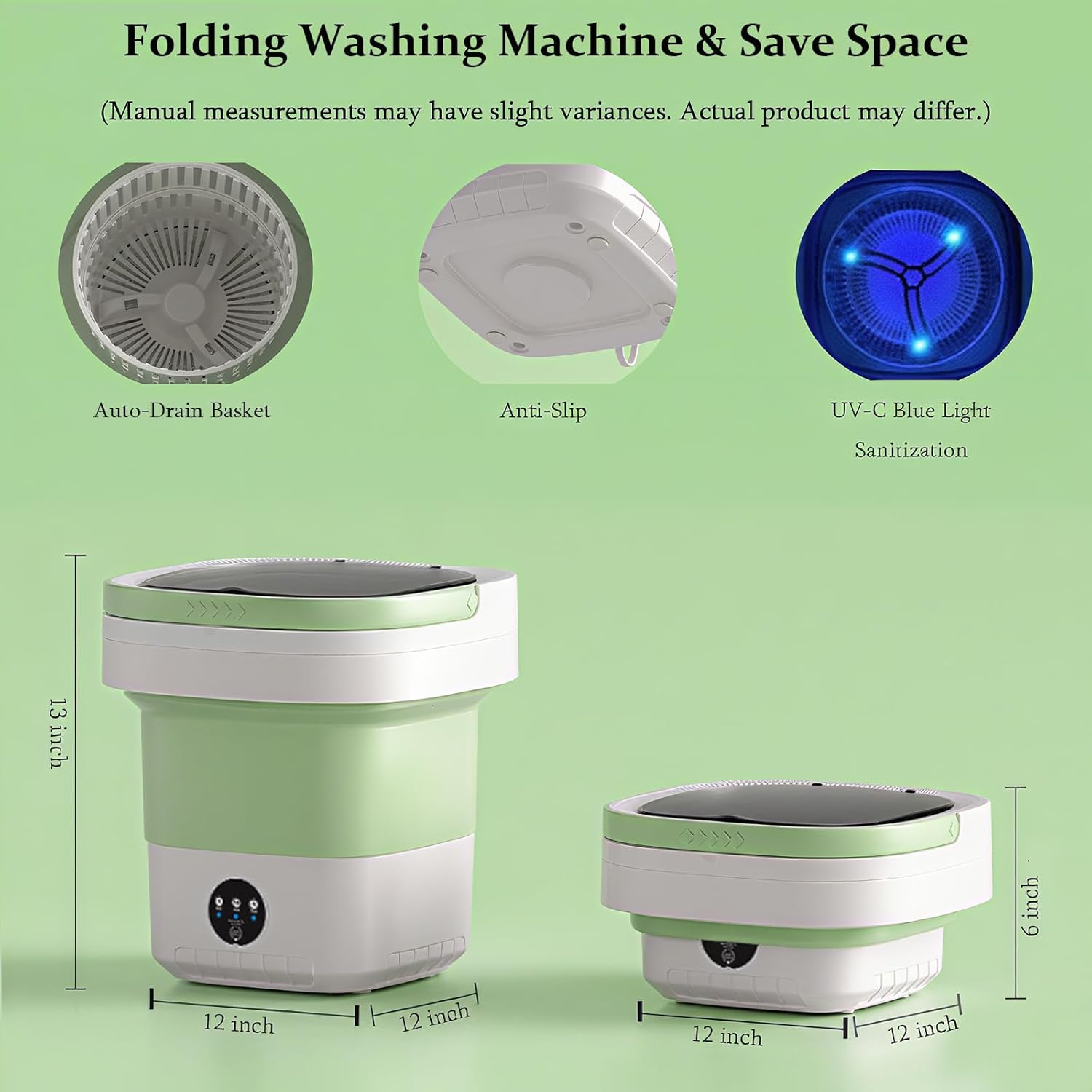 Portable Washing Machine, 16L Collapsible Mini Washer with UV-C Light & Spin Basket, 3 Cleaning Modes Small Foldable Laundry Machine for Clothes Underwear Socks Delicates Travel Camping Dorms (Green)