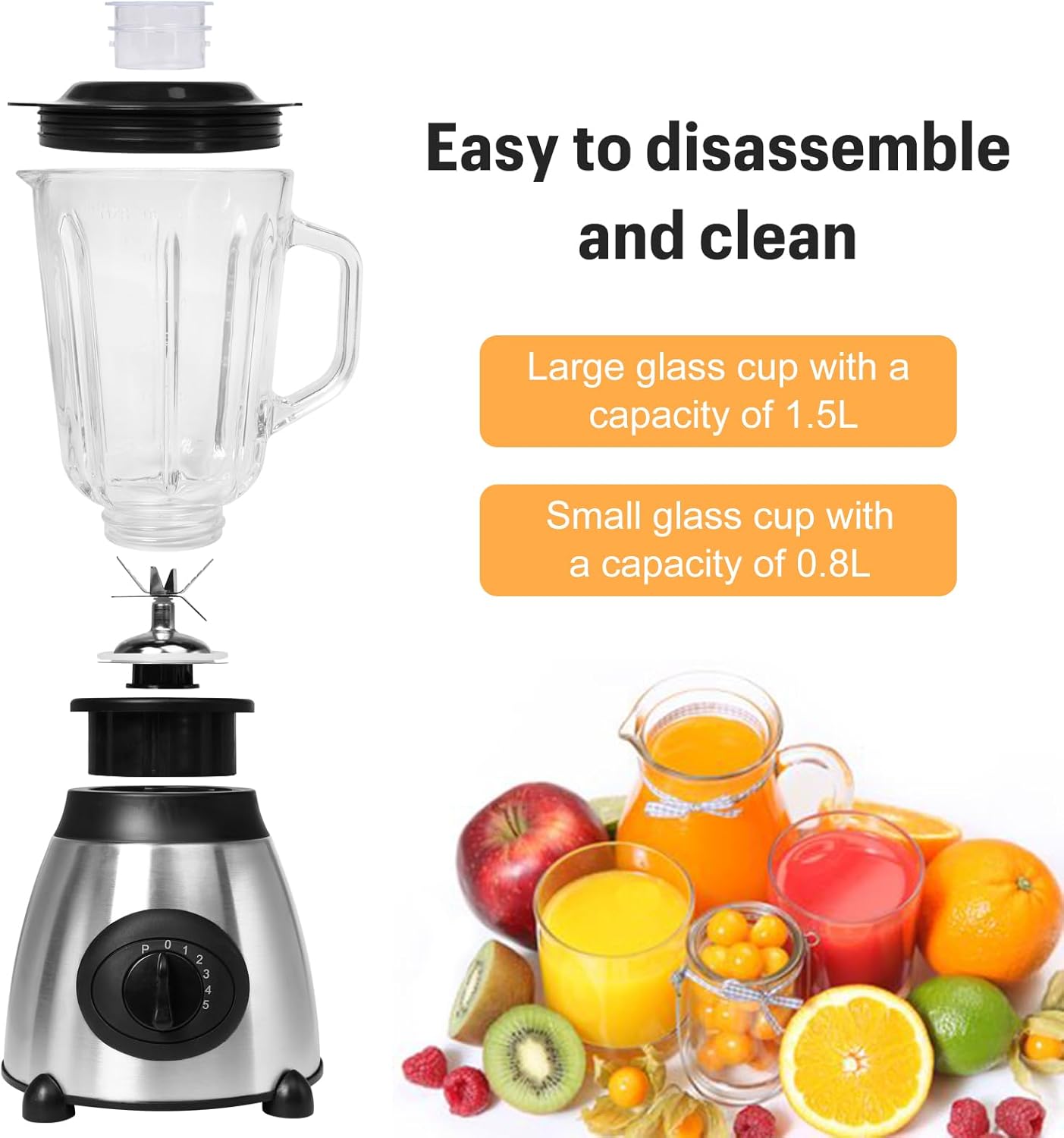 Blender, Fruit Juicer, Blenders, 1.5 Liter Large Glass Cups and 0.8 Liter Glass Cups 5-speed Adjustment Blender for Fruit Drinks, Smoothies, Soybean Milk (110V 600W US Plug)
