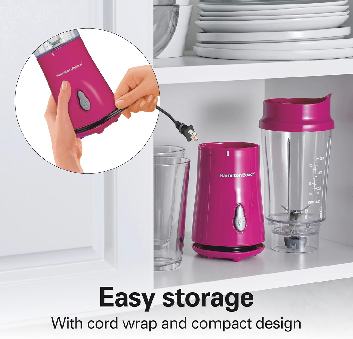 Hamilton Beach Portable Blender for Shakes and Smoothies, 14 Oz BPA Free Travel Cup & Lid, Durable Stainless Steel Blades, Personal Smoothie Blender, Raspberry, 51131G