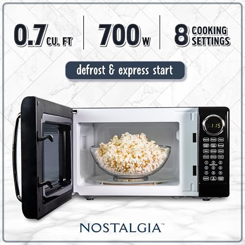 Nostalgia Retro Microwave Oven - 0.7 Cu Ft, 700-Watt Countertop Size with Glass Turntable, Child Safety Lock, 8 Auto-Cook Programs, Digital Clock - Black