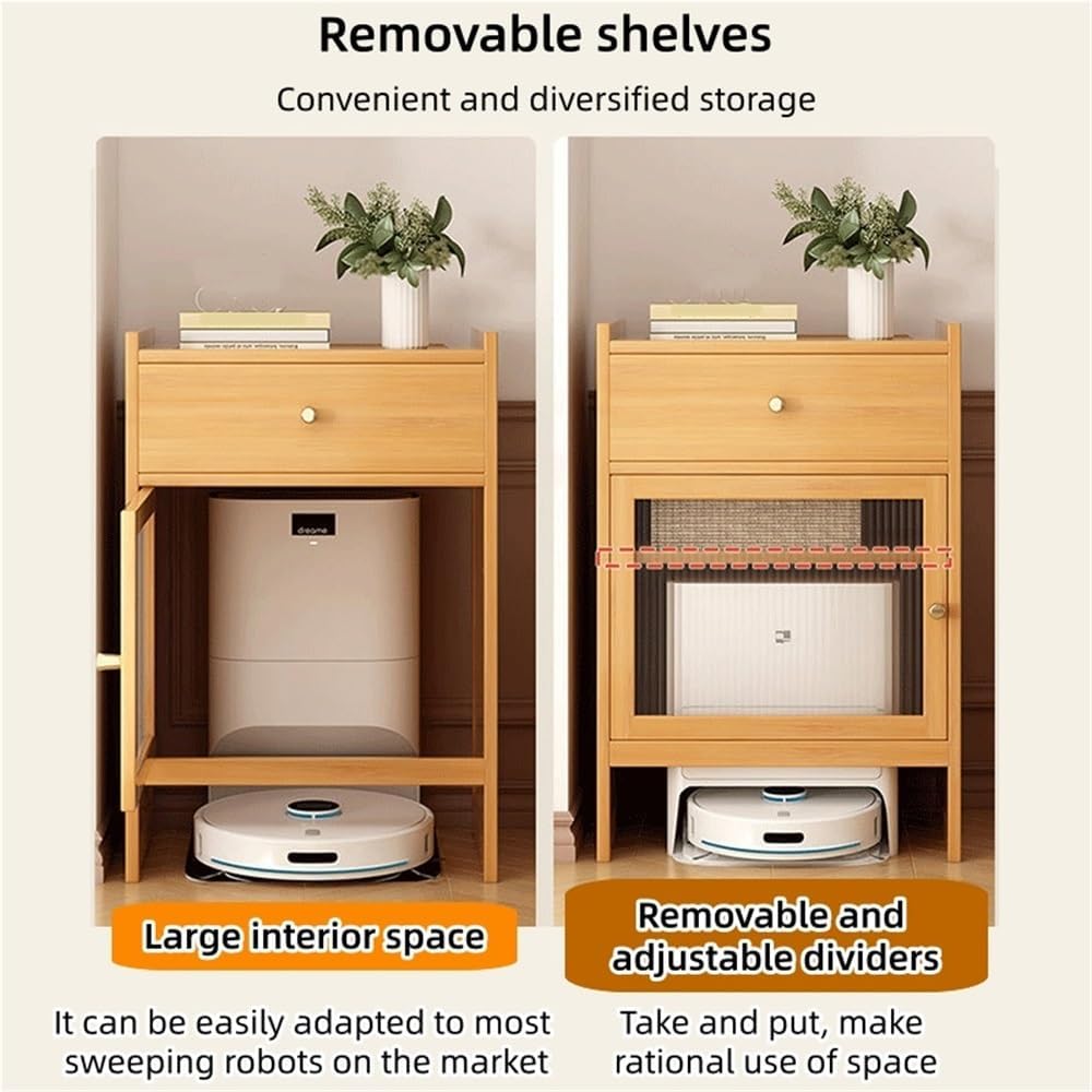 Robot Vacuum Cabinet with Removable Shelf, Modern Stand Cabinet with Drawer for Robot Vacuum Cleaner, Multi-Functional Nightstand for TV Side, Sofa(Natural)