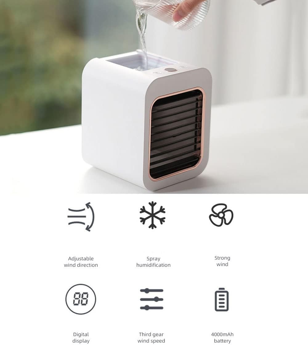 Portable Air Conditioners, 4000mAh Rechargeable Mini Air Conditioner, Personal Air Cooler with 3 Speeds, Small Desk Air Conditioner for Bedroom, Office, Outdoor (Color : White)