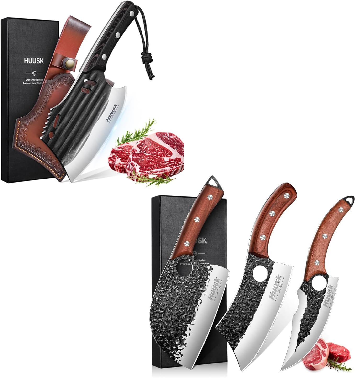 Huusk Butcher Knife Set Hand Forged Serbian Chef Knife Viking Boning Knife, Japanese Meat Cleaver 4PCS Kitchen Knife Set for Meat Cutting Home & Outdoor Cooking BBQ Knives Gift for Men