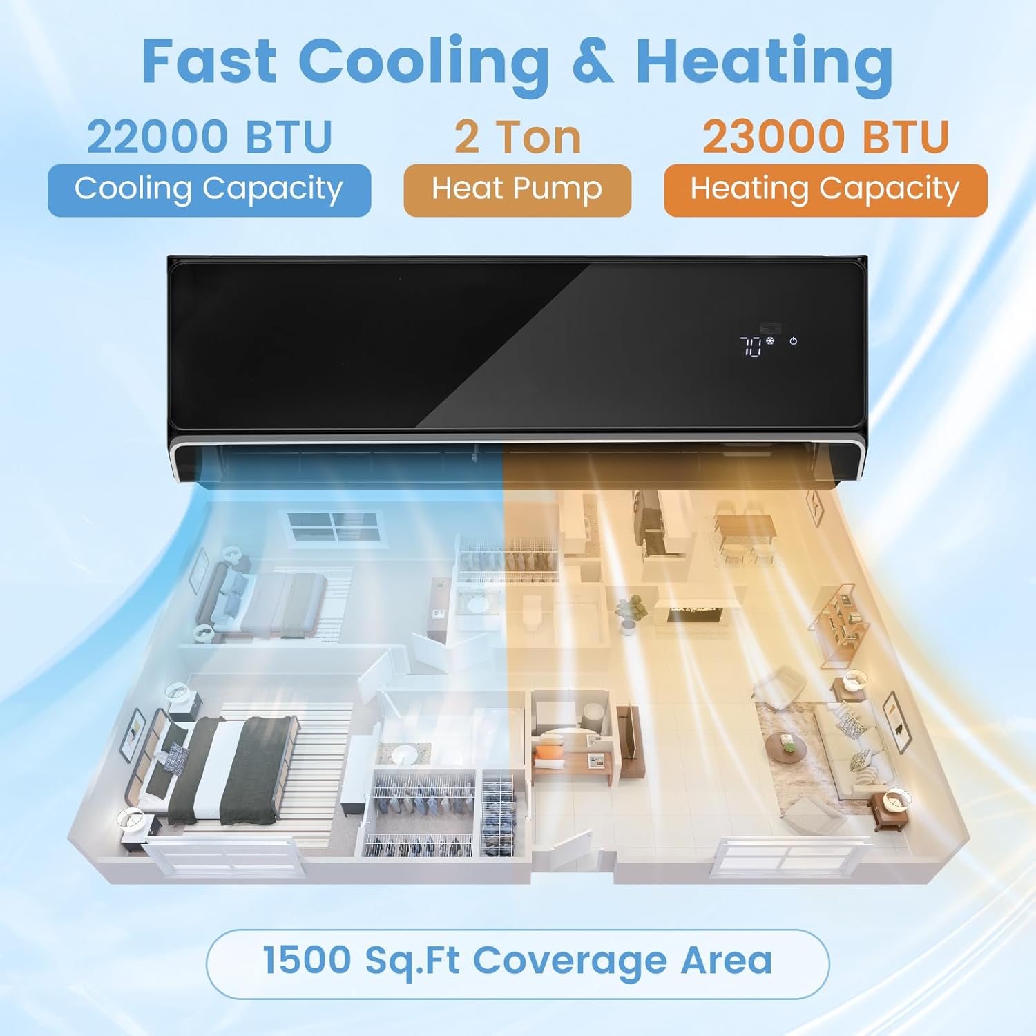 KOTEK 22000 BTU Mini Split AC/Heating System, 21 SEER2 Split Air Conditioner w/Heat Pump, Inverter Compressor & Installation Kit, WIFI Enabled, Cools Up to 1500 Sq.Ft, Compatible with Alexa, 208-230V