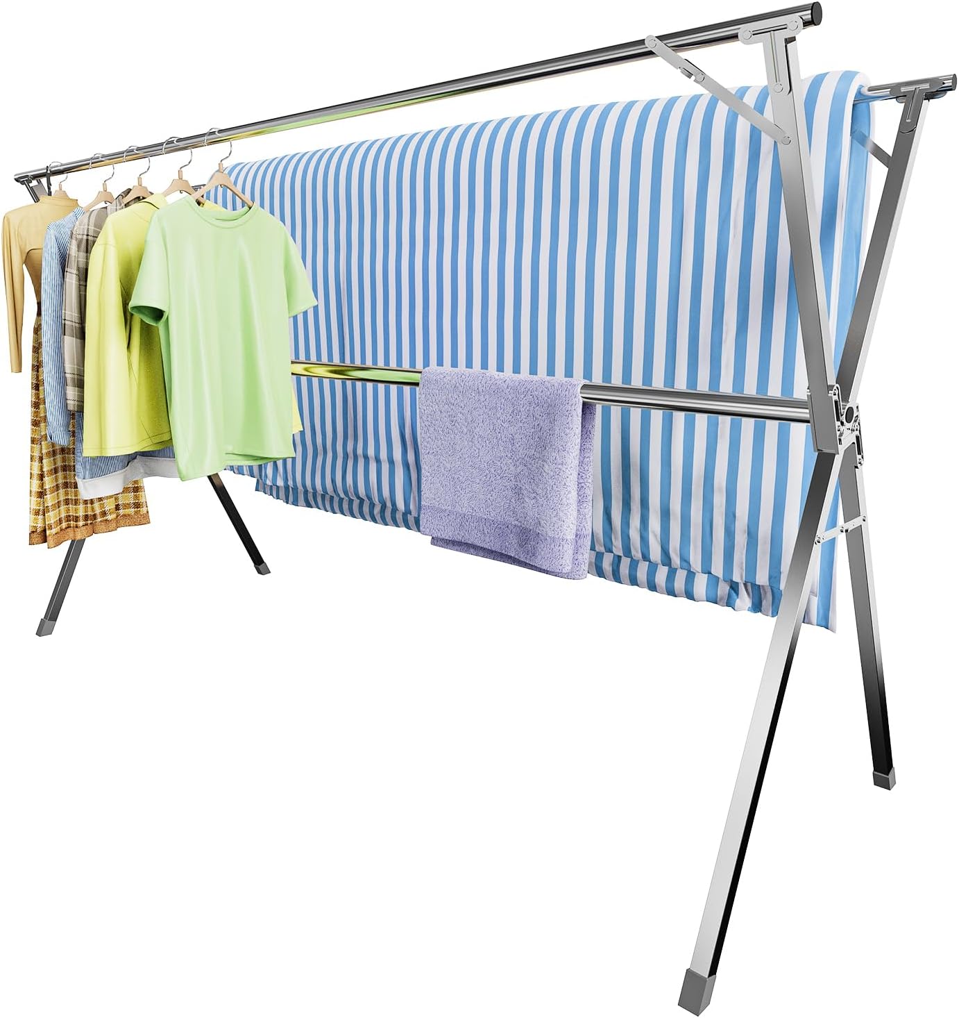 Clothes Drying Rack,Heavy Duty Stainless Steel Garment Rack,Adjustable and Foldable Laundry Drying Rack for Indoor Outdoor Drying Rack Clothing with 20 Windproof Hooks (Silver, 79