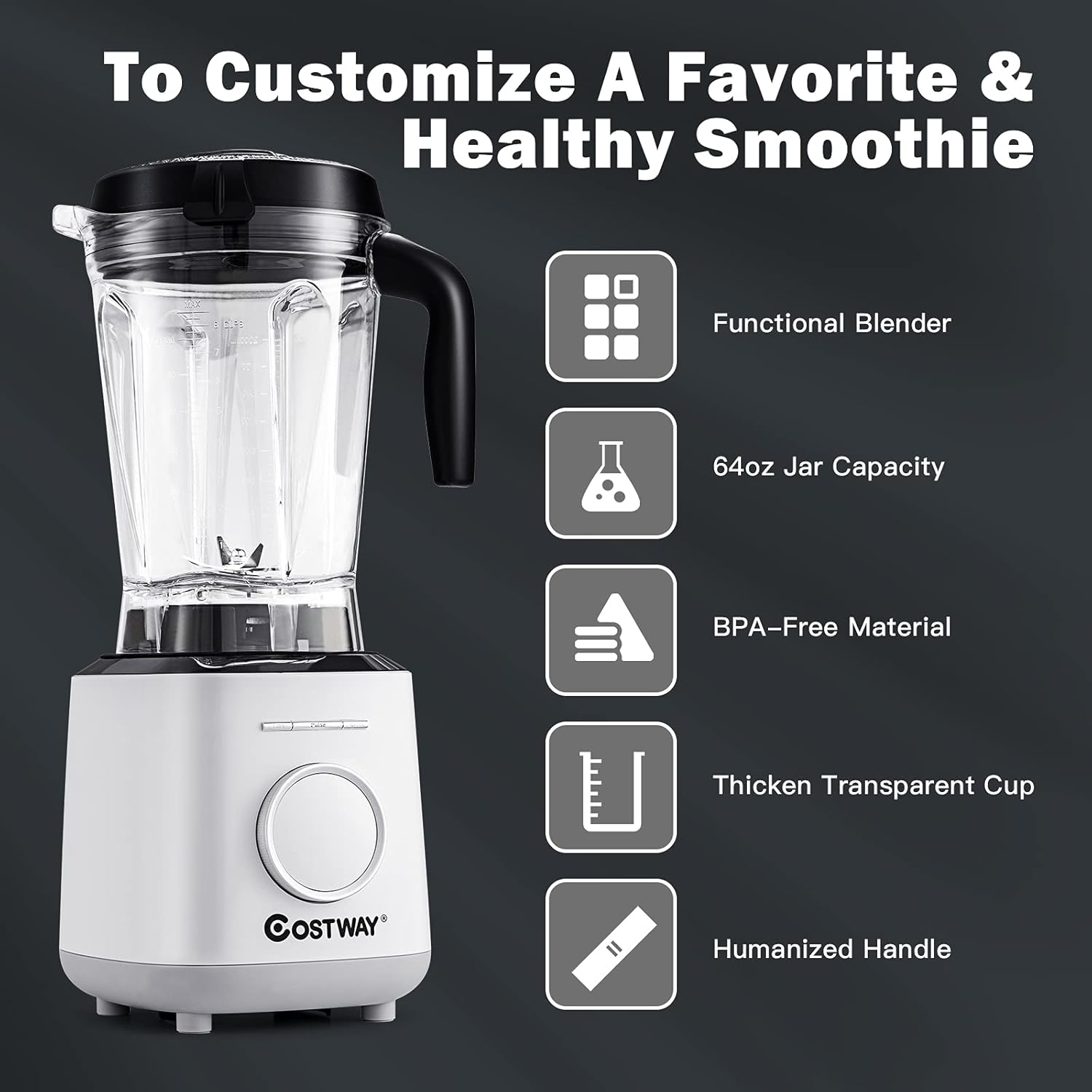 COSTWAY Professional Countertop Blender, 6 Pre-Setting Programs & 10 Speed Control, Smoothies Crushing Maker with 64oz Tritan BPA-Free Pitcher & Built-in Timer, Tamper, 1500W