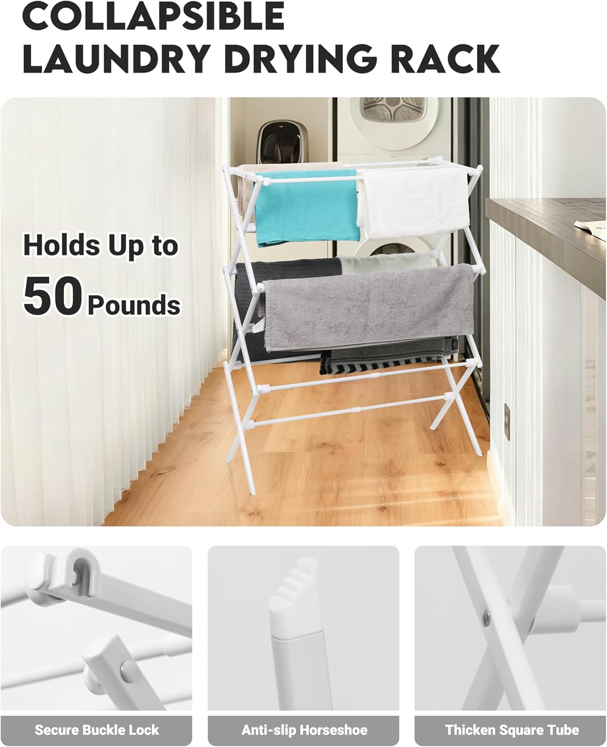 3-Tier Metal Folding Clothes Drying Rack, Laundry Drying Rack Clothing | Collapsible Dryer Racks for Laundry | Indoor & Outdoor, White