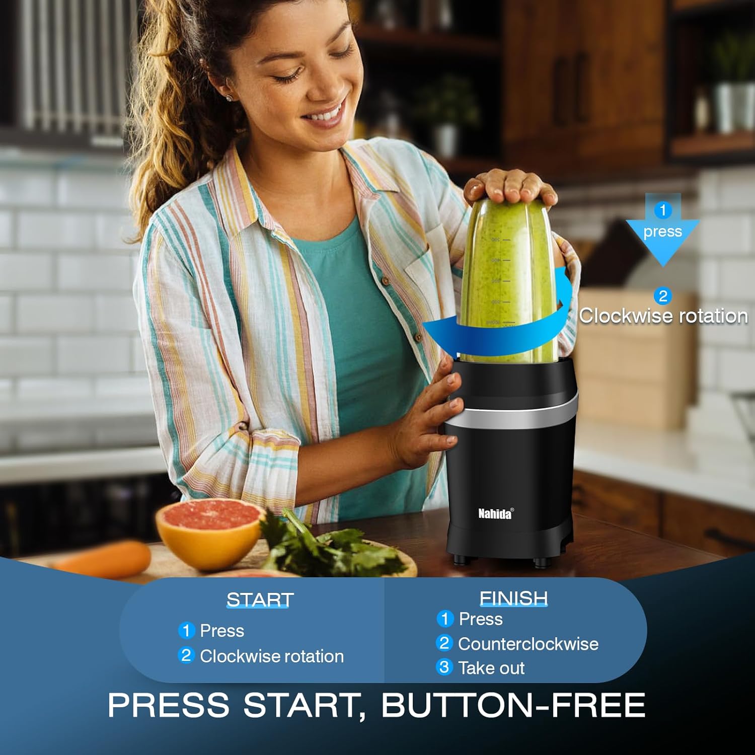 Nahida Blender for Smoothies, 1200W Smoothie Blender for Ices Crushing, Blenders with (2) 6-Fin Blades, Personal Blenders for Kitchen with 23oz, 32oz, 37oz Easy Go Cups for Juices, Black