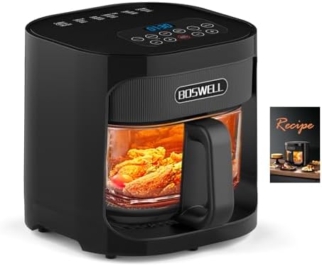 BOSWELL Glass Air Fryer, 4.5QT Transparent Fry Bowl, Circulating Heating, Non Toxic, Large Capacity Air Fryer Roast, Temperature Control Dishwasher Safe (Black)