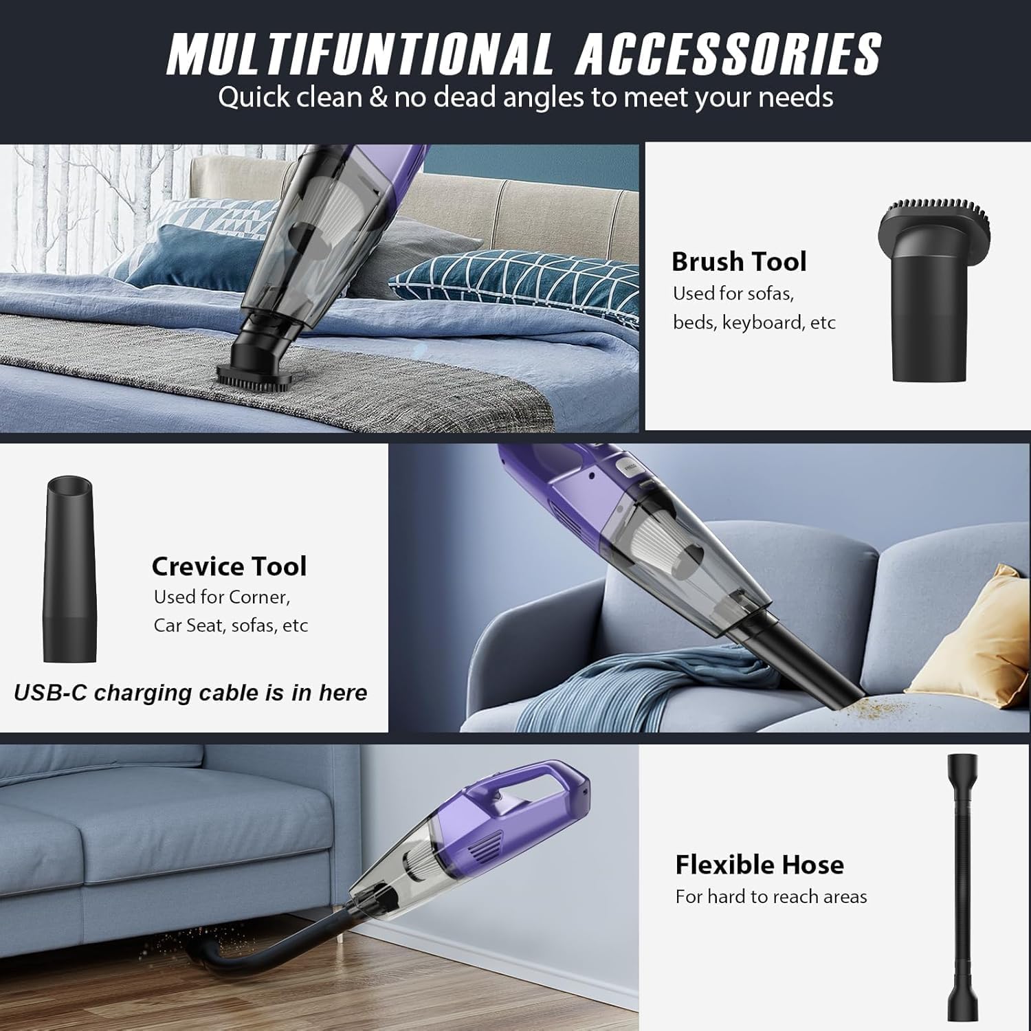 Handheld Vacuum Cordless – Car Vac Portable with 8KPA & Multi Accessories & Low Noise, Lightweight Hand Held Vacuum Cordless Rechargeable for Car/Home/Dust/Pet Hair, Mine Portable Vacuum
