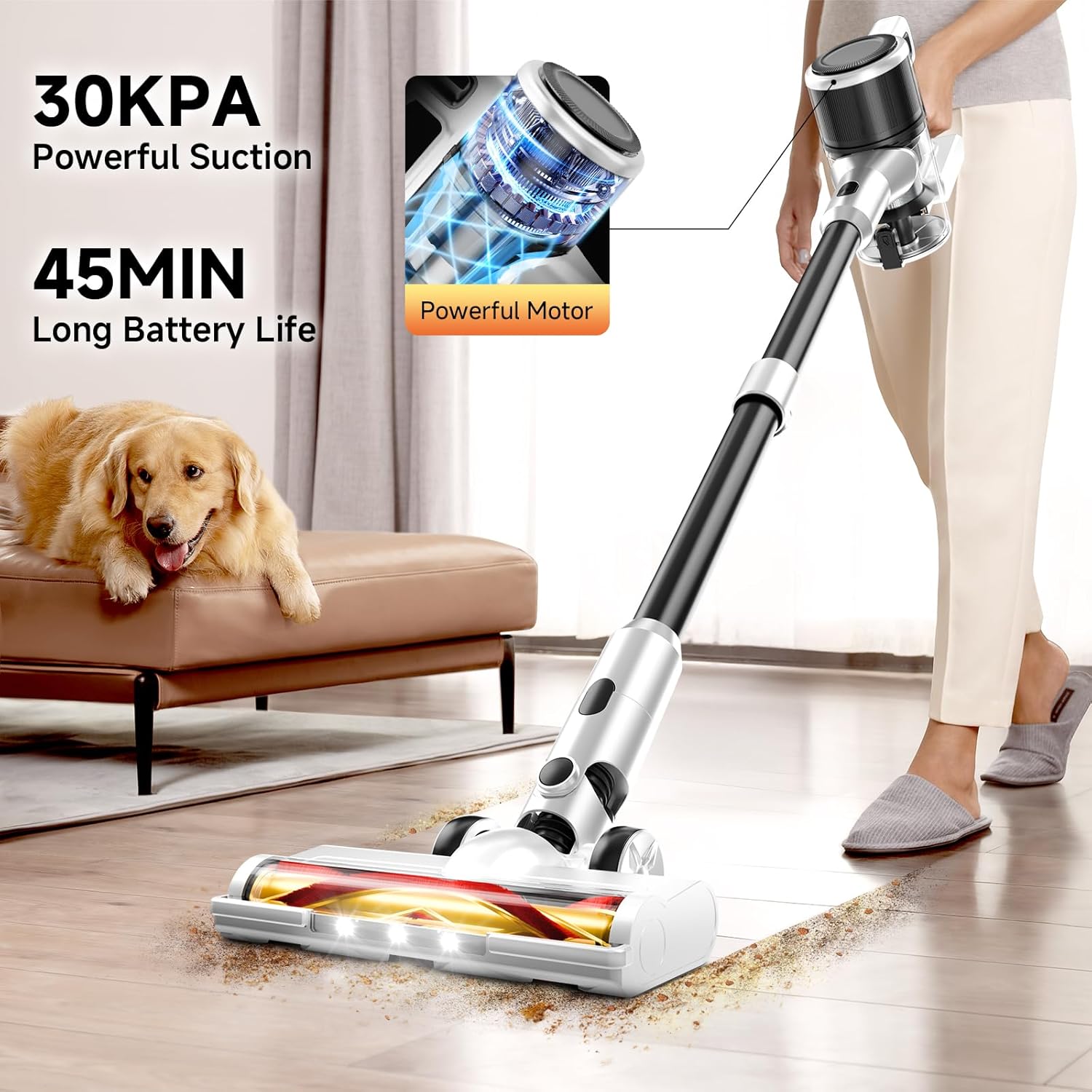 Cordless Vacuum Cleaner for Home - Lightweight, Stick Vacuum Clean with Rechargeable Battery, Max 45Mins Runtime, 8 in 1 Handheld Vacuum for Hardfloor & Carpets Pet Hair, White&Yellow