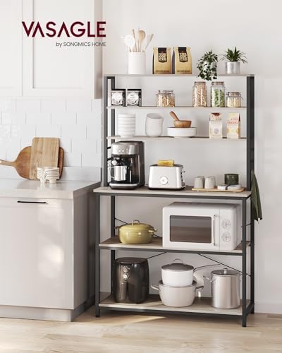 VASAGLE Coffee Bar, 39.4 Inches Baker's Rack for Kitchen with Storage, 6-Tier Kitchen Shelves with 6 Hooks, Microwave Stand, Industrial, Heather Greige and Ink Black UKKS039K02
