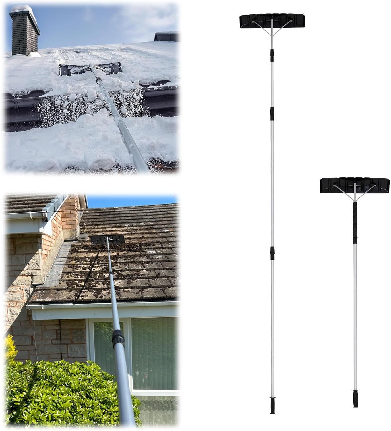 2 Pack Telescopic Roof Rakes for Snow Removal, Aluminum Roof Stripping Shovel From 6.2 to 21 ft, Rooftop Snow Scraper Rake for Leaves Clearing