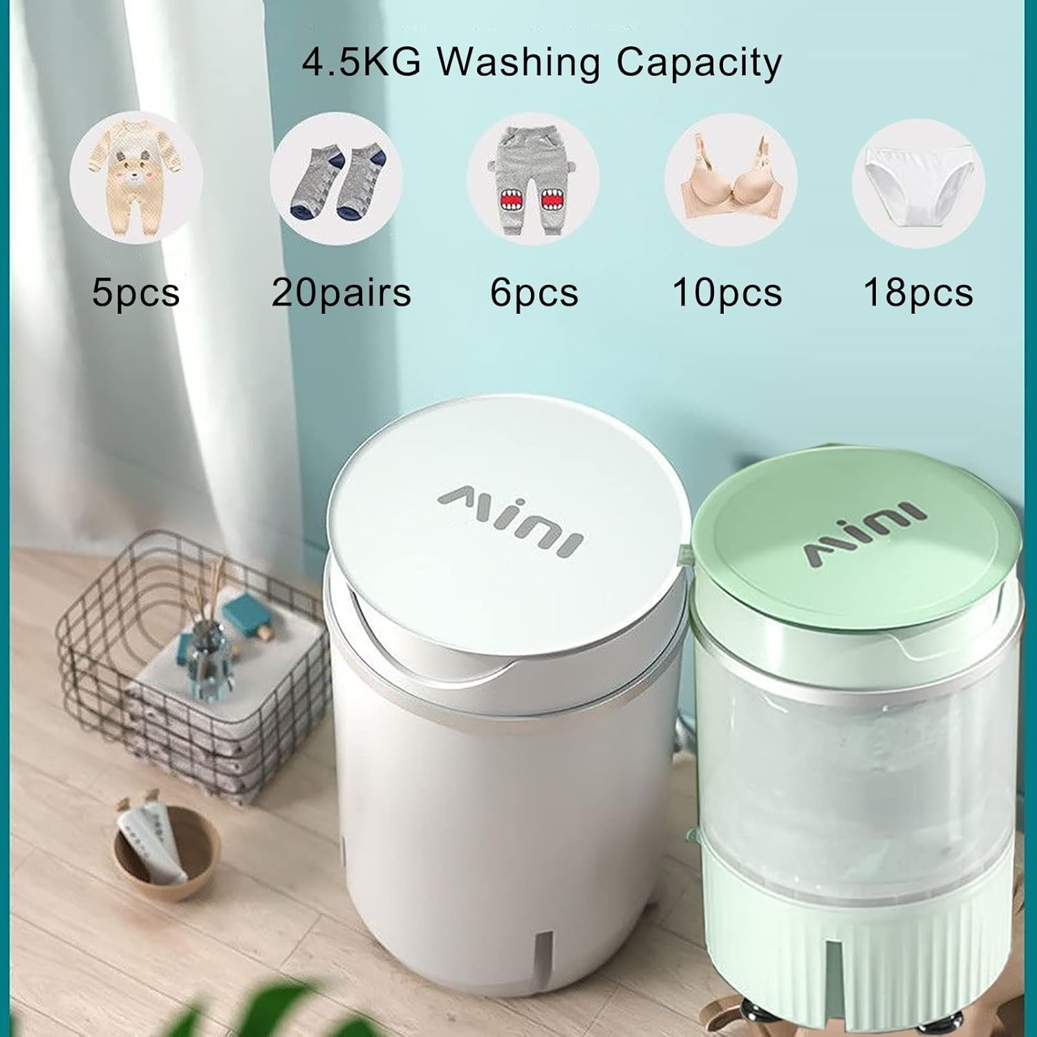 Portable Washing Machine, Mini Washer, Underwear Bucket Washing Machine, for Apartments, Dormitories, Camping, Rv (Color : Green)