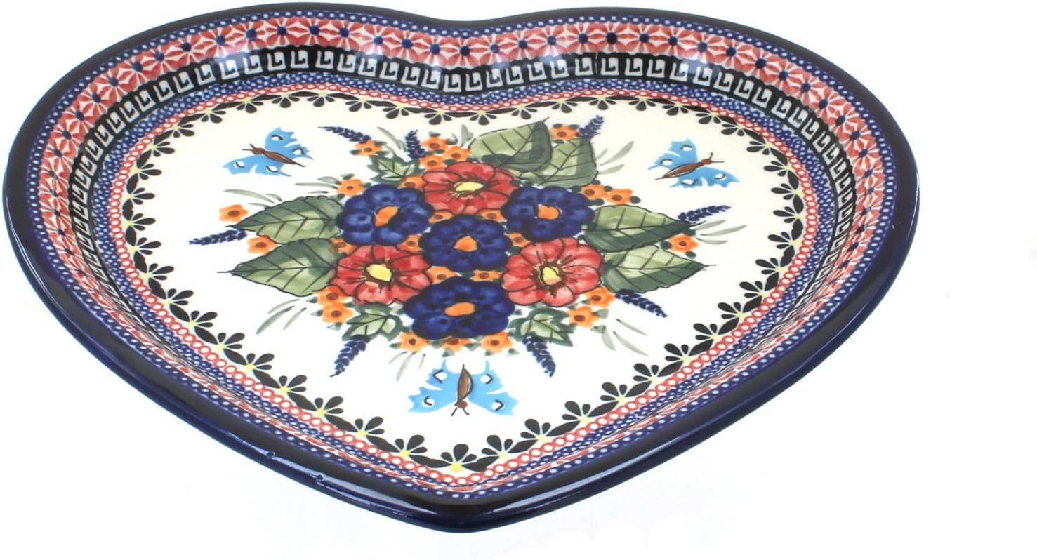 Blue Rose Polish Pottery Floral Butterfly Heart Plate