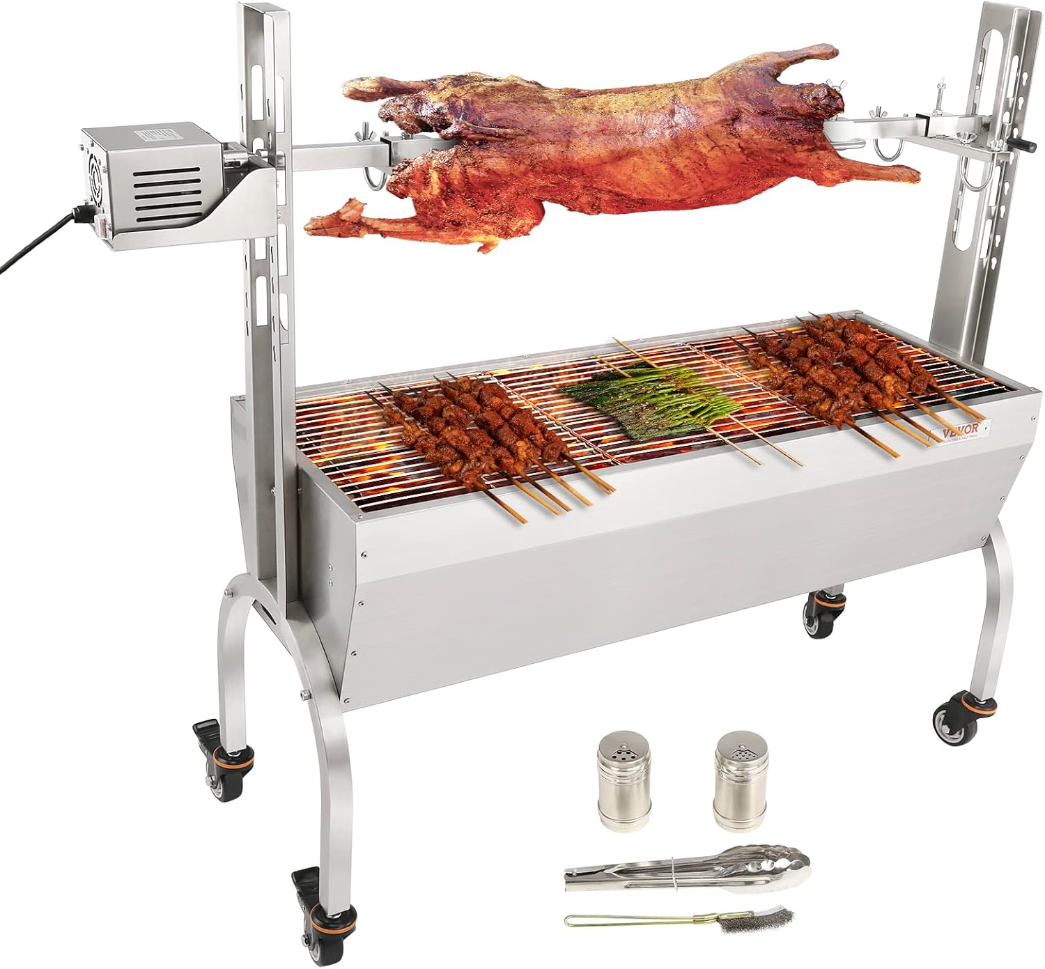 VEVOR Stainless Steel Rotisserie Grill, BBQ Whole Pig Lamb Goat Charcoal Spit Grill, Electric 50W Motor BBQ Hog Rotisserie Roaster, 46 Inch 90 Lbs Capacity Lamb Rotisserie System for Camping Outdoor