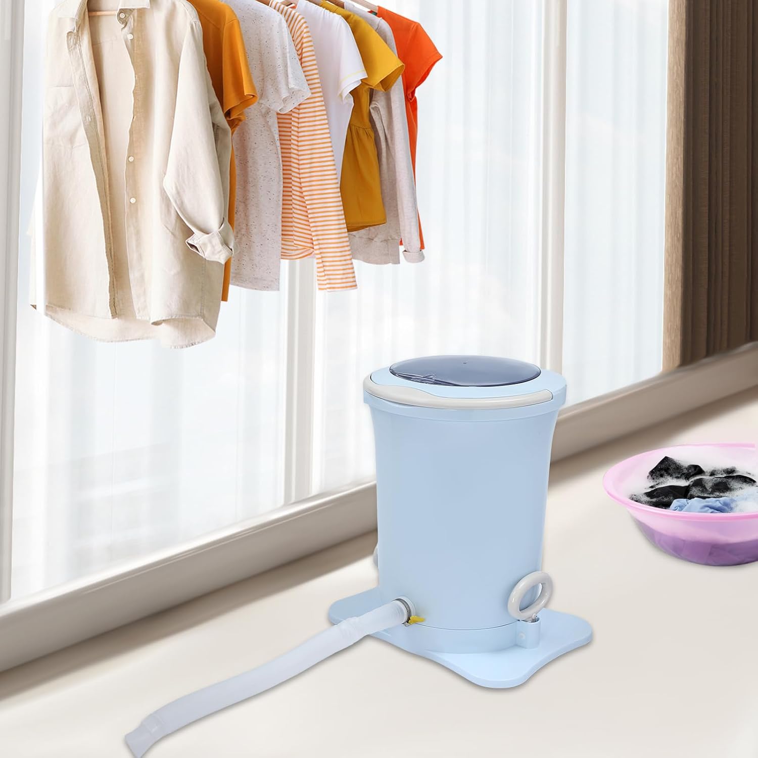 Manual Clothes Dehydrator 12L/3.17Gal Portable Mini Dryer Compact Spinner, Non-Electric Laundry Washing Machine with Drain Hole & Wide Pedal for Camping Traveling School Hotel (Blue)