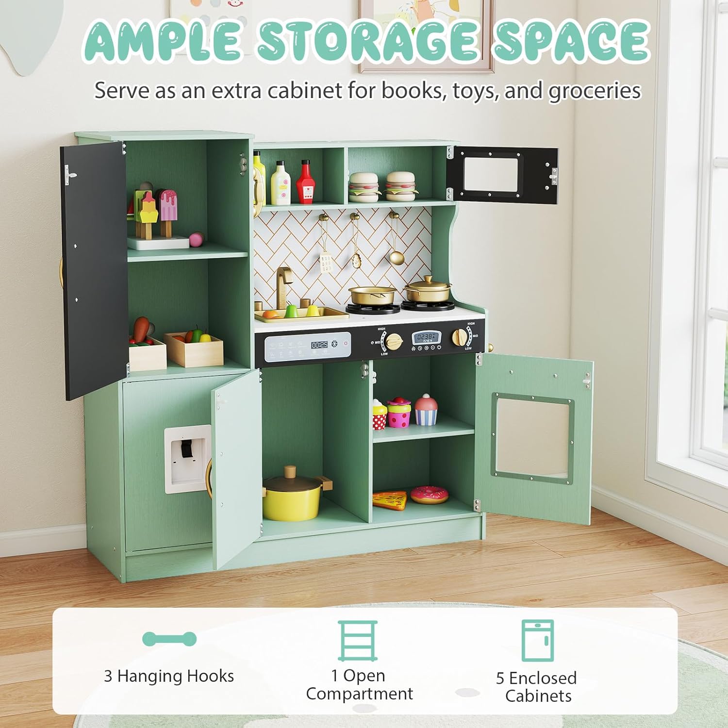 Costzon Kids Kitchen Playset, Large Wooden Chef Cooking Toy Set w/Real Sounds & Lights, Microwave, Blackboard, Oven, Ice Maker, Dishwasher, Play Phone, Utensils, Play Kitchen for Kids Ages 3+ (Green)