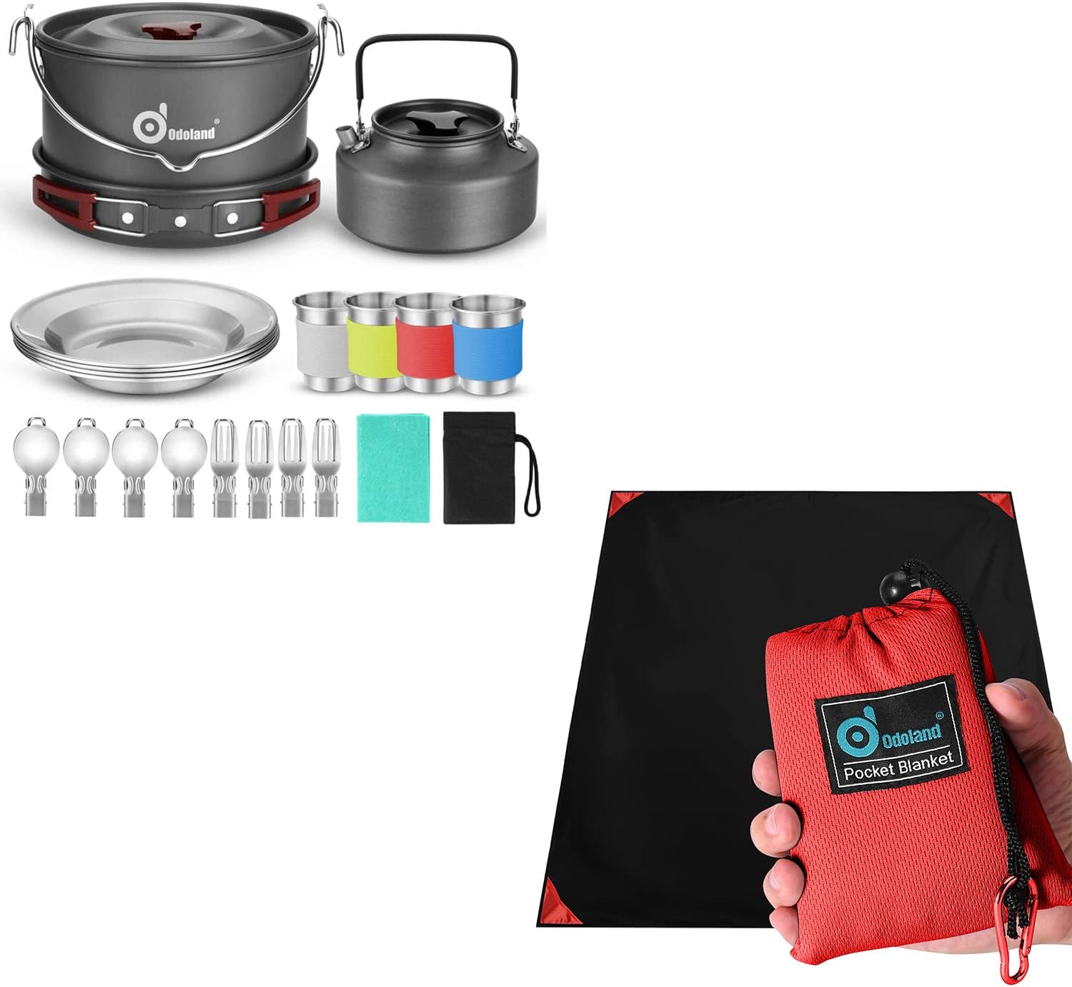 Odoland Bundle - 2 Items 22pcs Camping Cookware Mess Kit and Pocket Blanket Picnic Blanket, 43