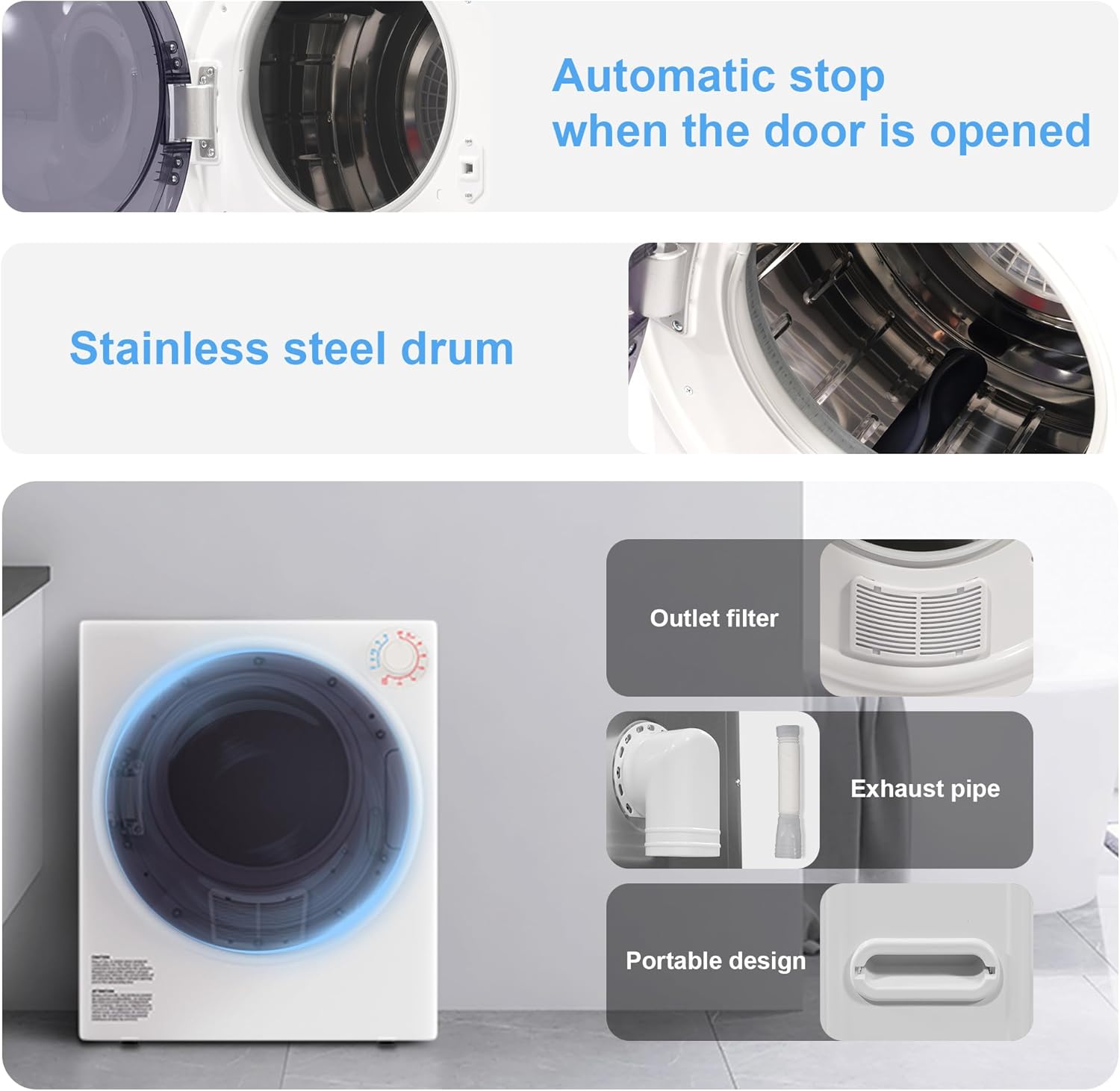 Elevon 800W Portable Clothes Dryer, 2.6 cu.ft Electric Drying Machine for Laundry with Stainless Steel Tub for Apartment, Rvs, Dorms, Compact Dryer for Small Space, White