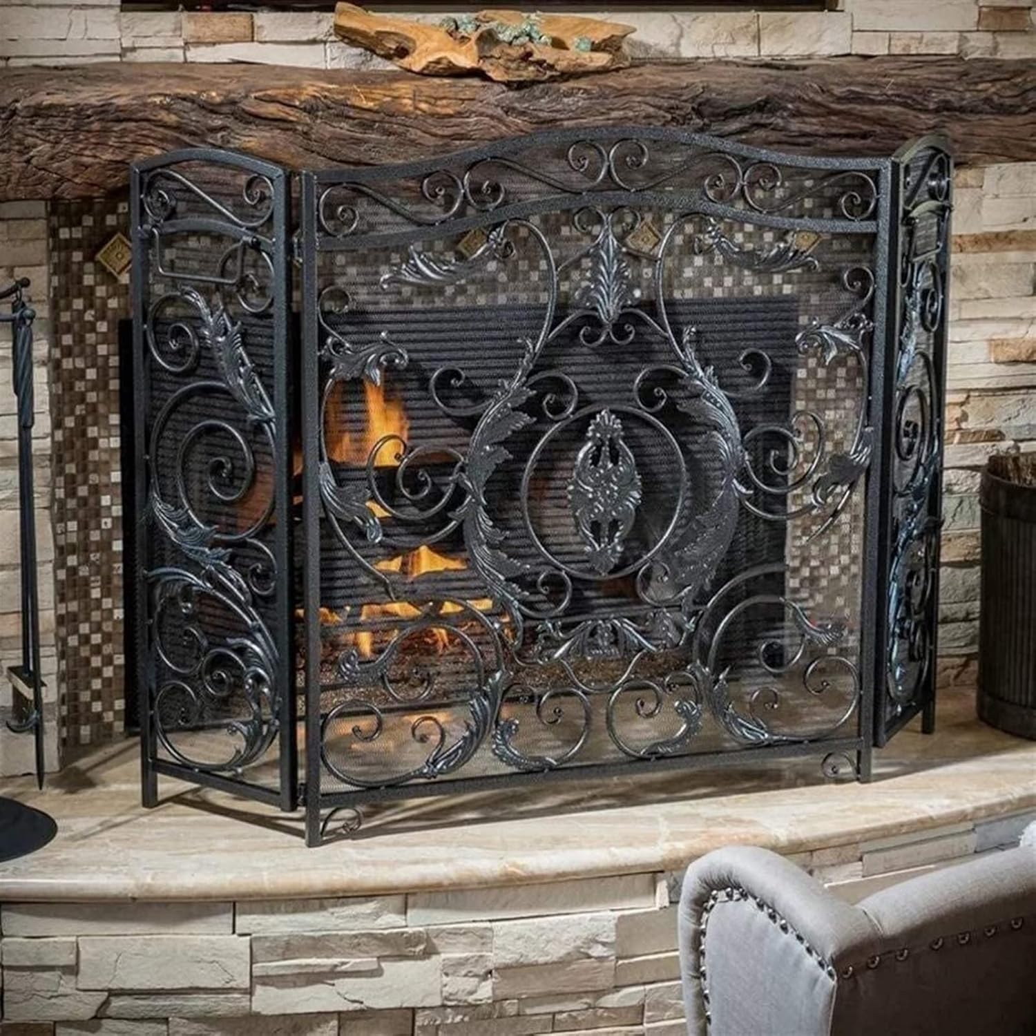 Large Black 3-Panel Screen Fire Guard for Stove & Fireplace - Decorative Mesh Safety Barrier with Elegant Scroll Design, Spark Protection for Home & Patio,
