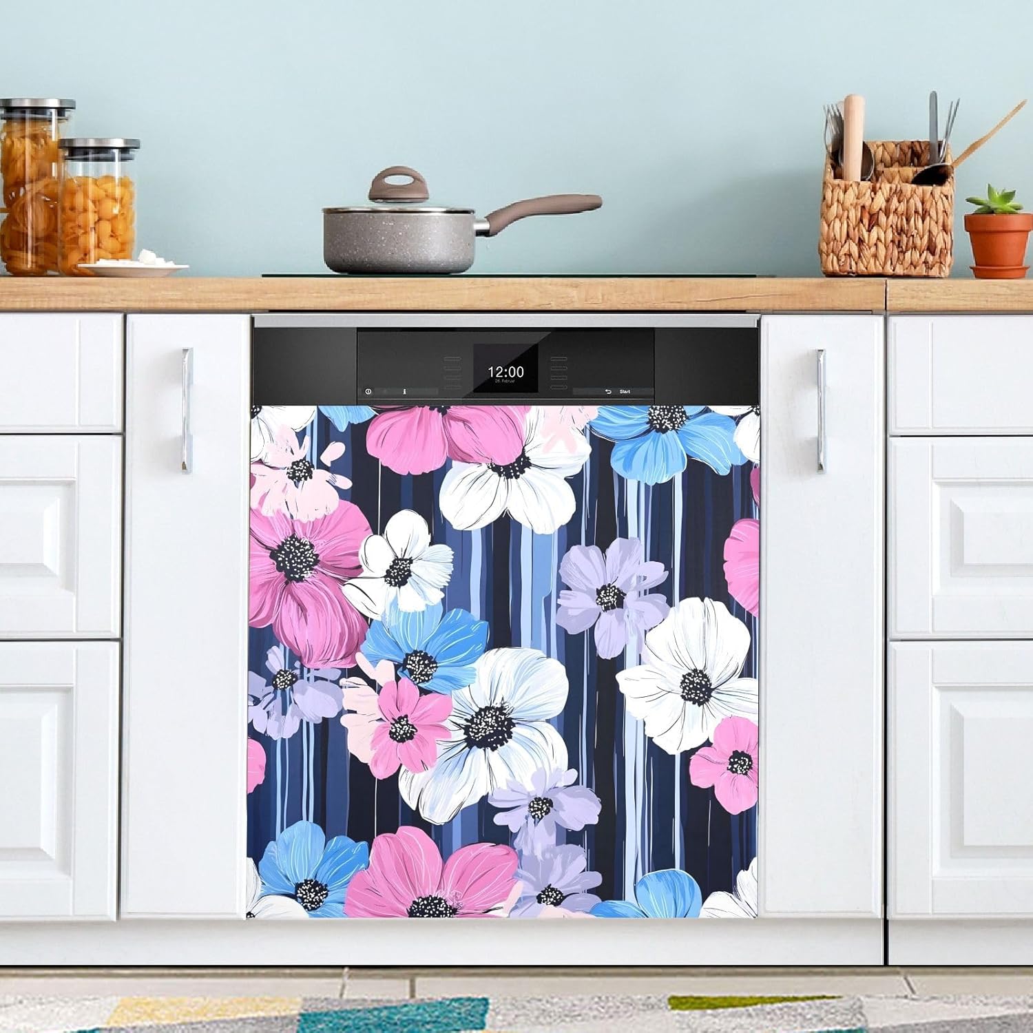 Dishwasher Magnet Cover Large Magnetic Stickers Colorful Flowers Stripes Pattern Front Dishwasher Cover Reusable Decal for Home Kitchen Anti-Scratch Refrigerator Decorative Lid Washing Machine Laundry