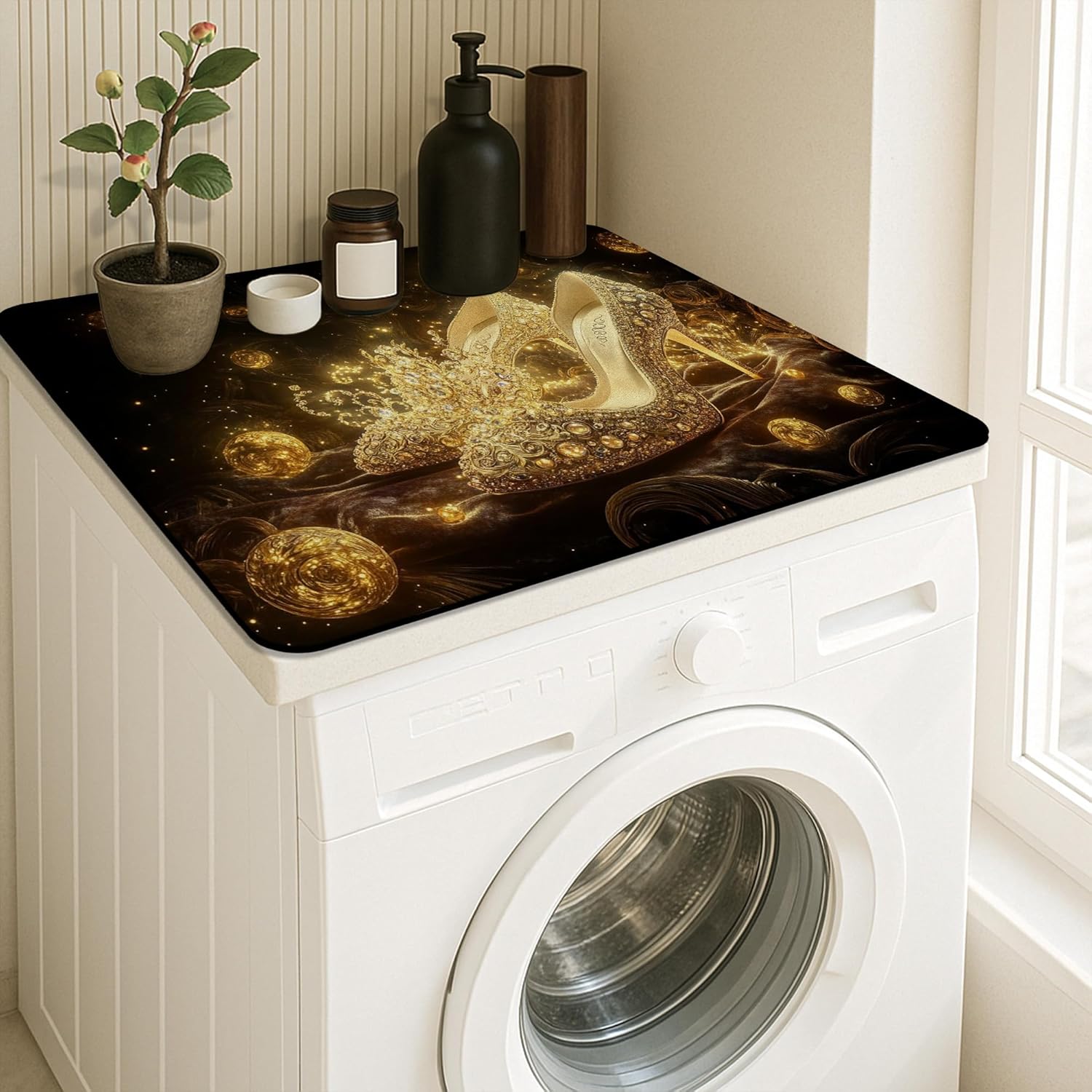 Elegant Gold Washer Dryer Top Protector Mat, Luxurious Jewel Pattern Laundry Machine Dust Covers, Opulent Rubber Anti-slip Waterproof Washer And Dryer Mats for Home Decor 24x24 Inch