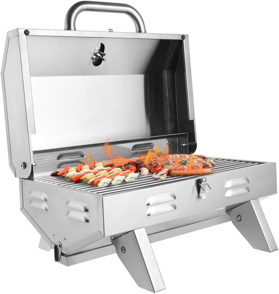 Tabletop Gas Grill, Portable Propane Gas BBQ w/ Lockable Lid Tailgate Grill for Outdoor Barbecue Camping Picnic, 12000 BTU, Stainless Steel Silver
