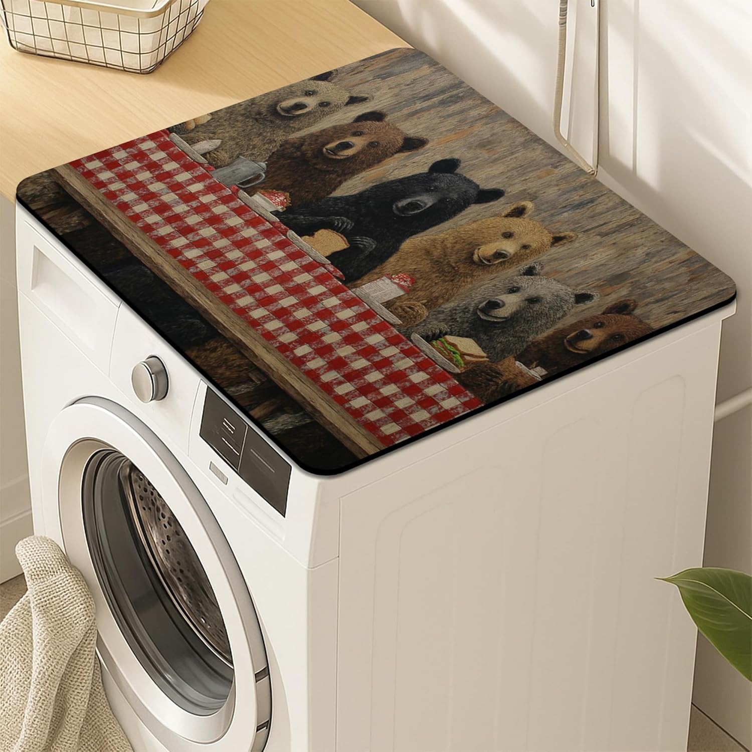 Bear Family Washer Dryer Top Protector Mat, Rustic Animal Print Laundry Machine Dust Covers, Cozy Farmhouse Rubber Anti-slip Waterproof Mats for Laundry Room 24x24 Inch