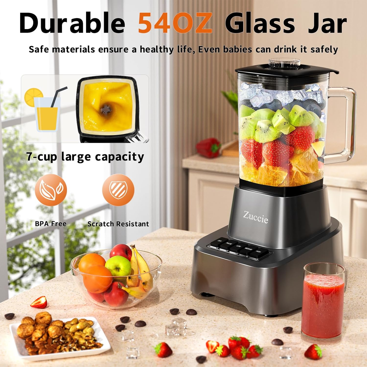 Blender for Shakes and Smoothies With 54oz Glass Jar, 4 Speed Settings, Countertop Blender for Frozen Fruit Drinks, Smoothies, Sauces, 750 Watts