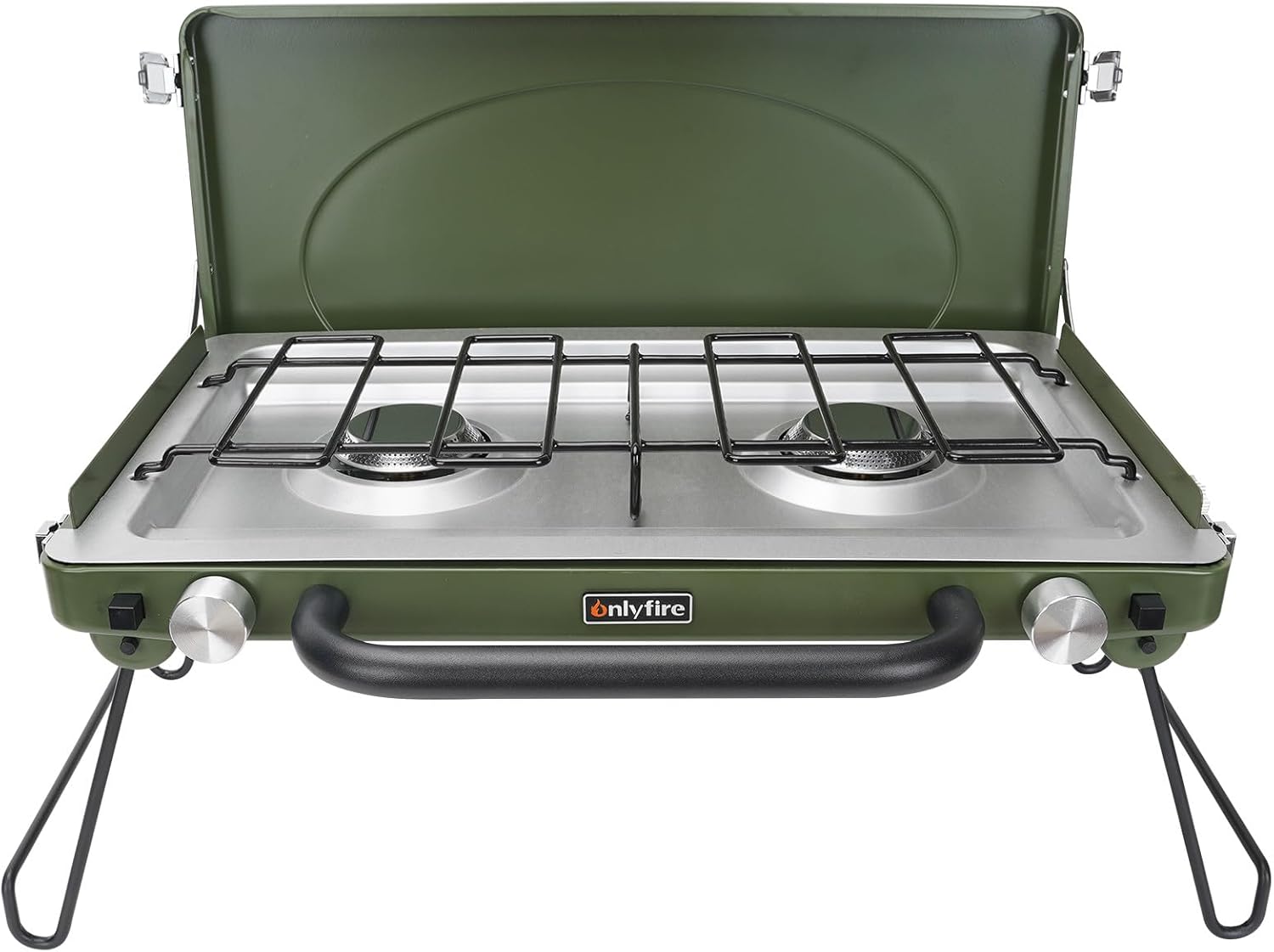 ONLYFIRE OUTDOOR LIVING Portable Camping Gas Stove 2-Burner, Propane Camp Stove with Foldable Legs, Heavy-Duty Latch & Handle for Patio Cooking Camping Tailgating RV BBQ, Green GS331
