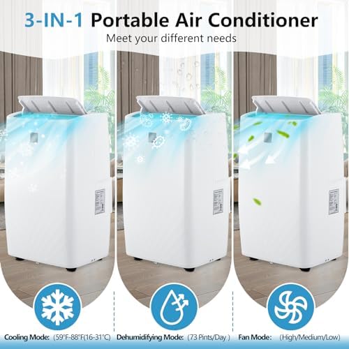 14000 BTU Portable Air Conditioner - 3-In-1 Cool/Fan/Dry, Low Noise, Cools Up to 750 Sq. Ft, Rolling Wheels, Remote Control, Perfect for Medium Rooms
